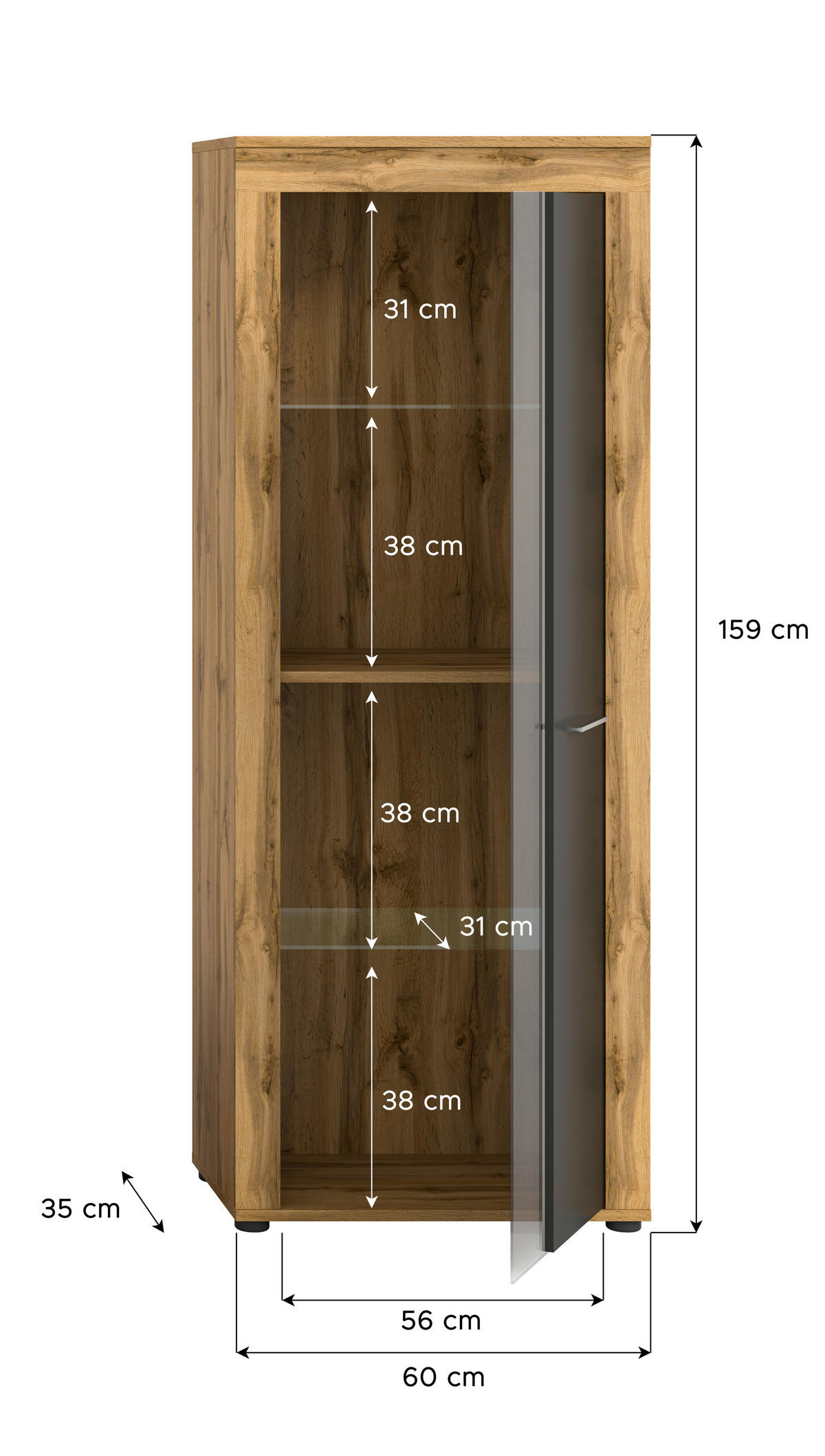 VITRINE  in Grau  - Silberfarben/Eiche Wotan, Design, Glas/Holzwerkstoff (60/159/35cm) - MID.YOU