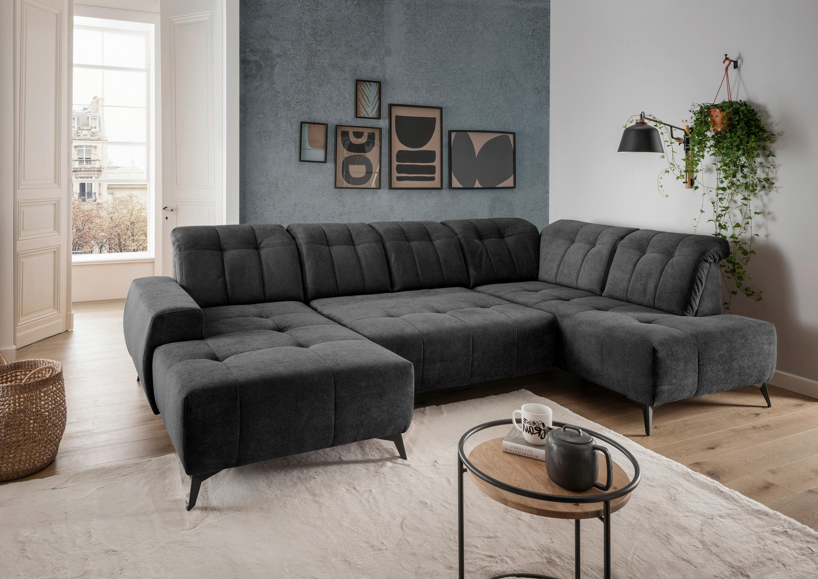 WOHNLANDSCHAFT SANO Anthrazit Chenille  - Anthrazit/Schwarz, MODERN, Textil/Metall (180/337/200cm) - Livetastic