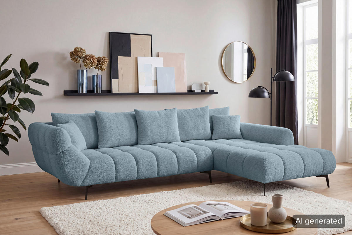 ECKSOFA 318/217 cm  in Bouclé Blaugrau Zierkissen, Rückenkissen, Rücken echt  318/217 cm  - Blaugrau/Schwarz, MODERN, Textil/Metall (318/217cm) - Carryhome