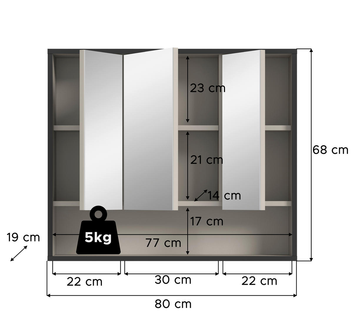 SPIEGELSCHRANK 80/68/19 cm  - Kaschmir, MODERN, Holzwerkstoff/Metall (80/68/19cm) - MID.YOU