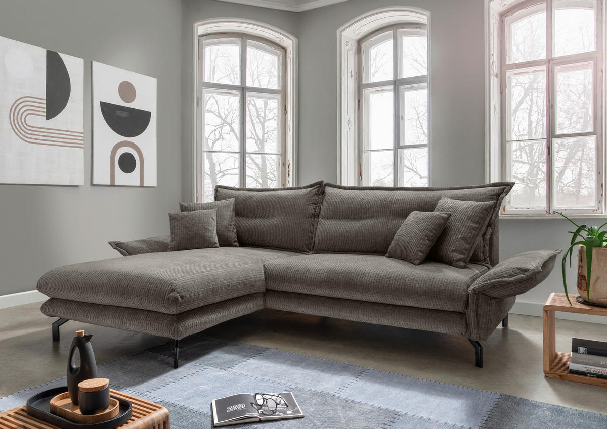 ECKSOFA in Velours Graubraun  - Graubraun/Schwarz, Design, Textil/Metall (180/255cm) - Livetastic