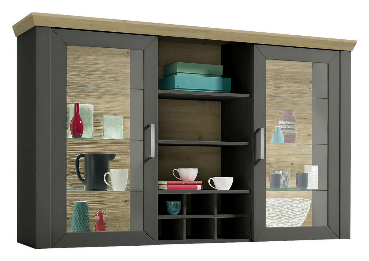 AUFSATZSCHRANK 184,1/112/44,2 cm  - Graphitfarben/Eiche Artisan, Design, Glas/Holzwerkstoff (184,1/112/44,2cm) - SetOne by Musterring