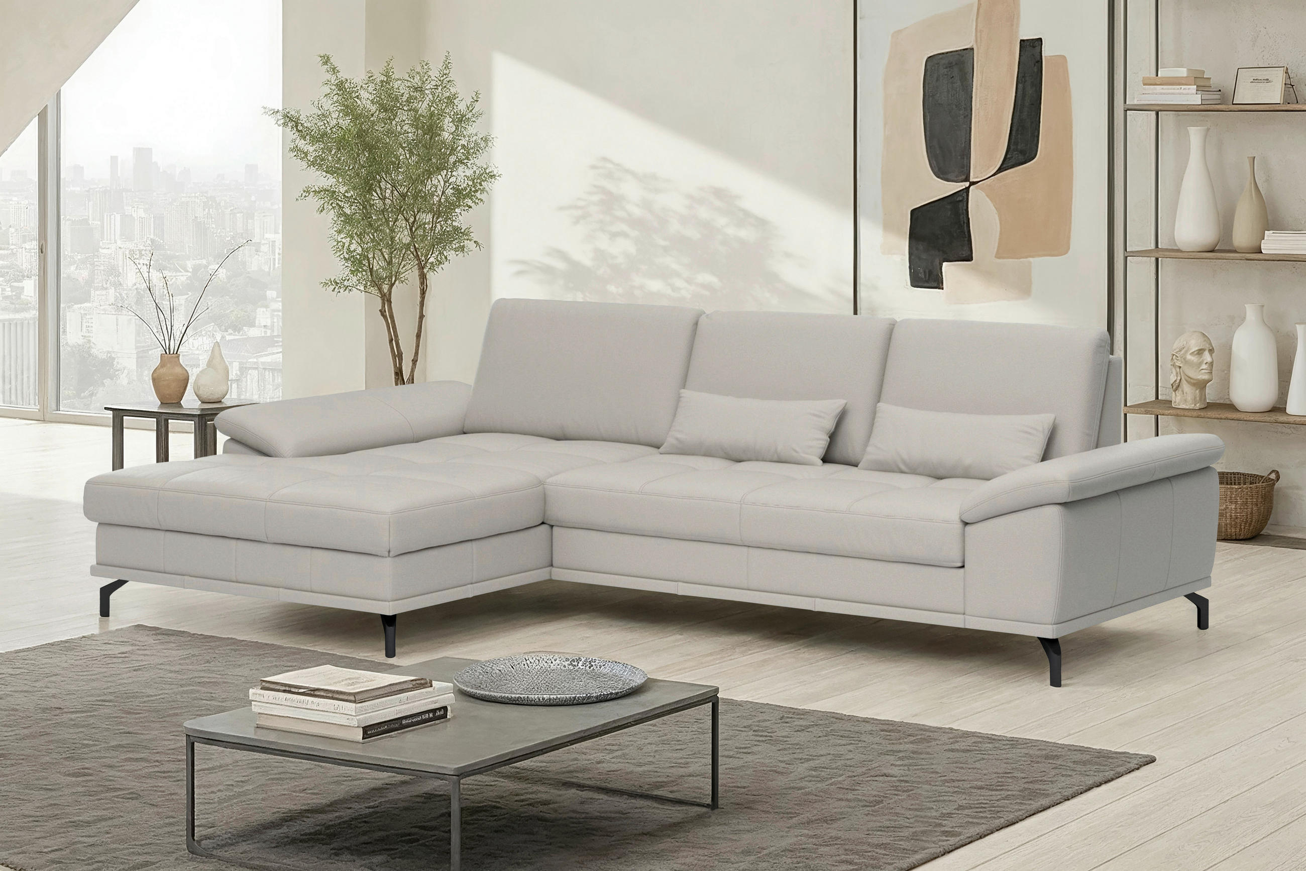 ROHOVÁ SEDAČKA, koža, svetlosivá - čierna/svetlosivá, Basics, kov/koža (176/301cm) - Sit & More