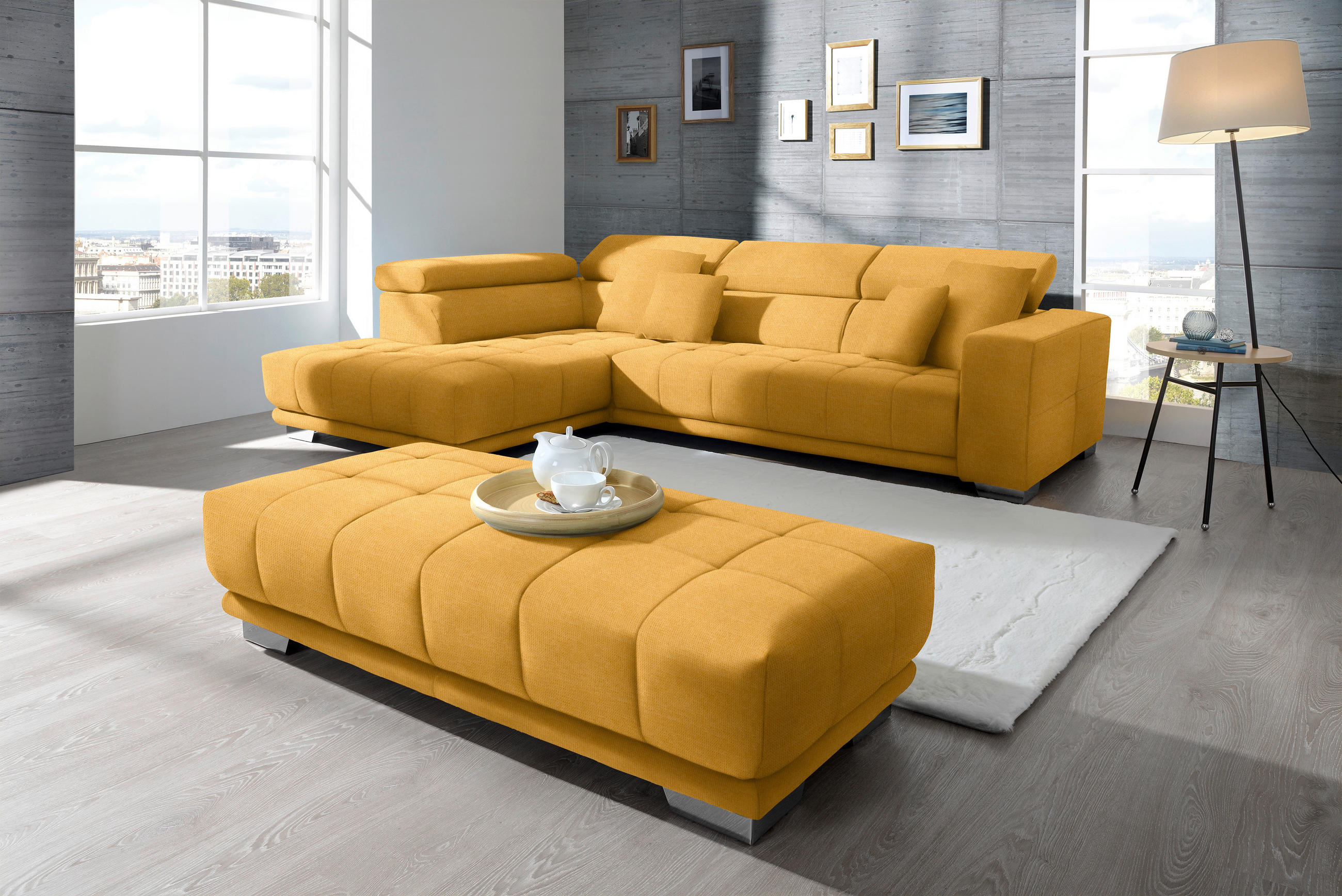 ECKSOFA in Mikrofaser Dunkelgelb  - Chromfarben/Dunkelgelb, Design, Textil/Metall (207/301cm) - Xora