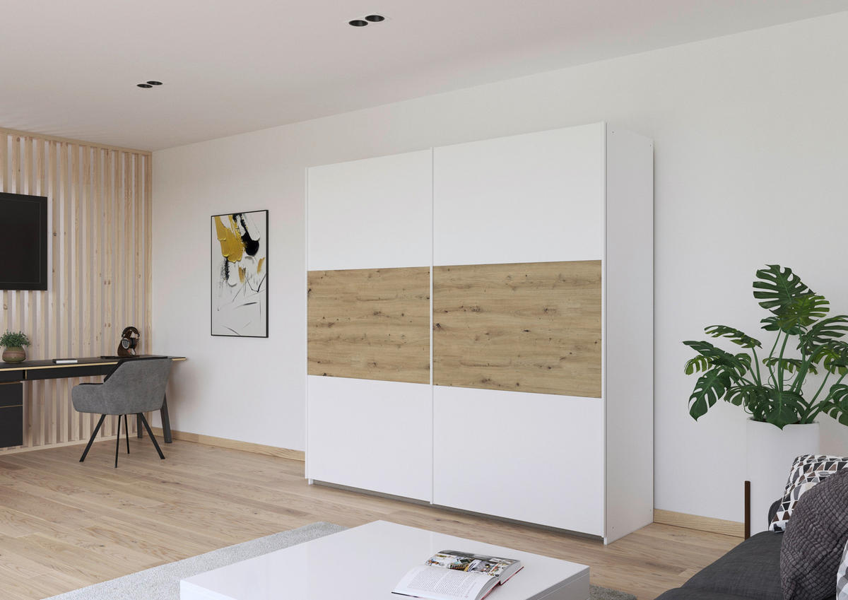 SCHWEBETÜRENSCHRANK  in Weiß, Eiche Artisan  - Weiß/Eiche Artisan, MODERN, Holzwerkstoff/Metall (218/210/54cm) - Rauch Möbel