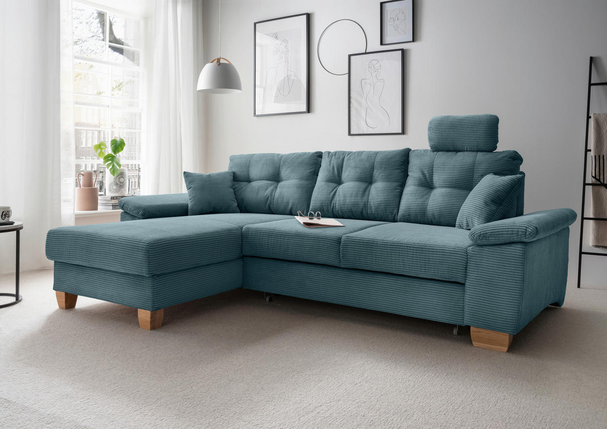 ECKSOFA in Cord Petrol  - Petrol/Naturfarben, Modern, Holz/Textil (176/270cm) - Livetastic