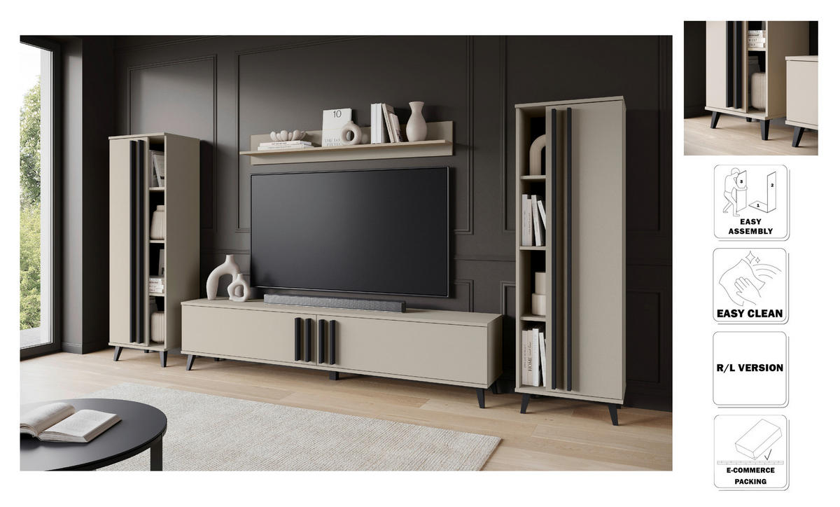 WOHNWAND 4-teilig  in Beige 260/159,5/33 cm  - Beige/Schwarz, Trend, Glas/Holzwerkstoff (260/159,5/33cm)