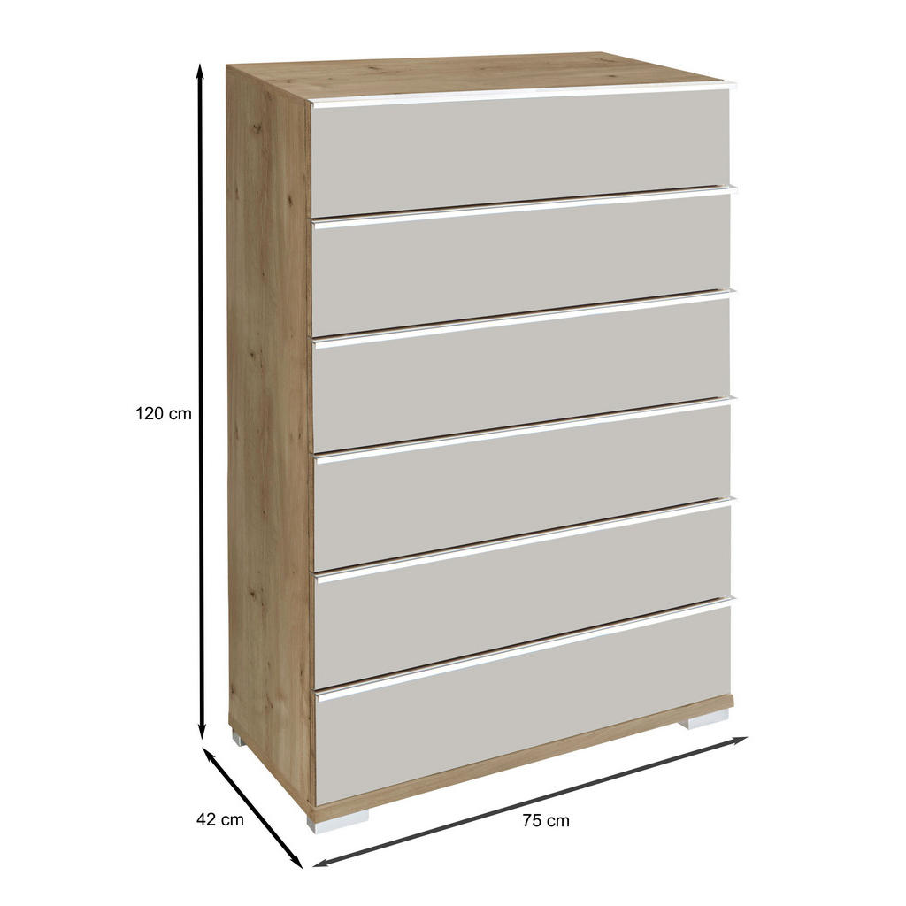 Thumbnail - Venda Highboard, Champagner, Eiche Bianco, Metall, 6 Schubladen, 75x120x42 cm, Goldenes M, Made in Germany, Typenauswahl...