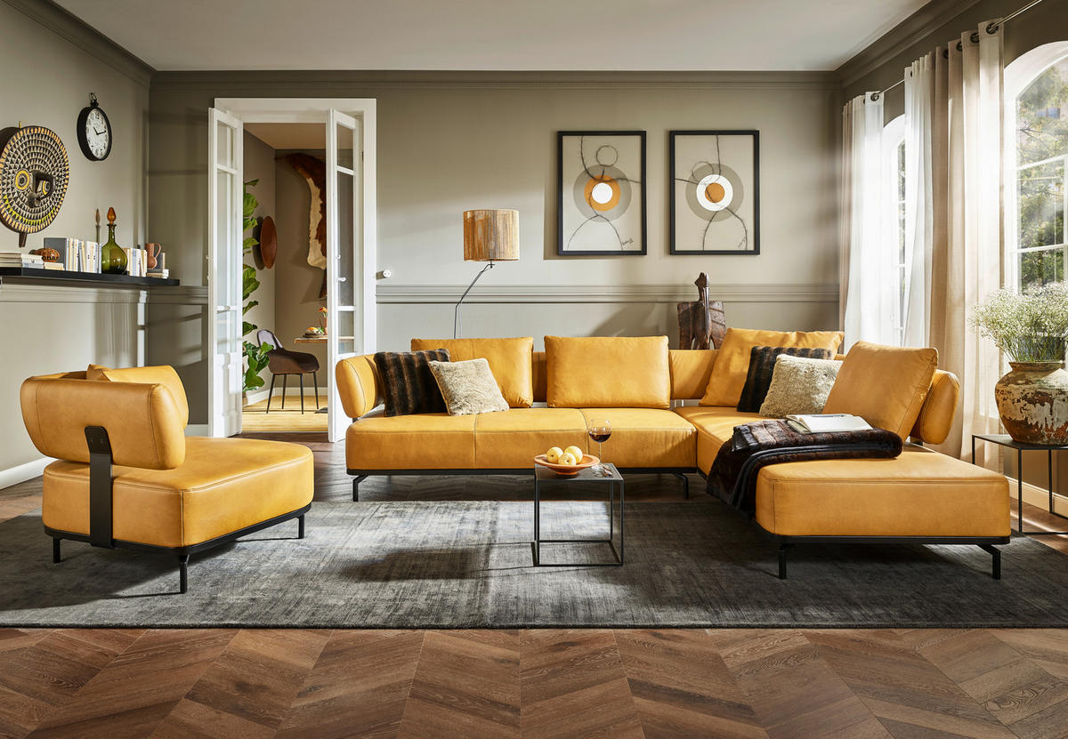 ECKSOFA in Echtleder Dunkelgelb  - Dunkelgelb/Schwarz, Design, Leder/Metall (302/237cm) - Dieter Knoll