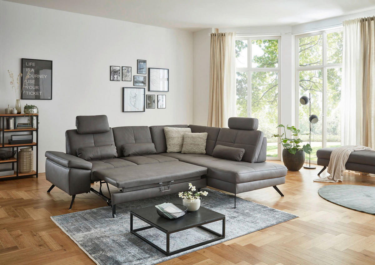ECKSOFA in Lederlook, Mikrofaser Dunkelgrau  - Dunkelgrau/Schwarz, Design, Textil/Metall (261/220cm) - Beldomo System