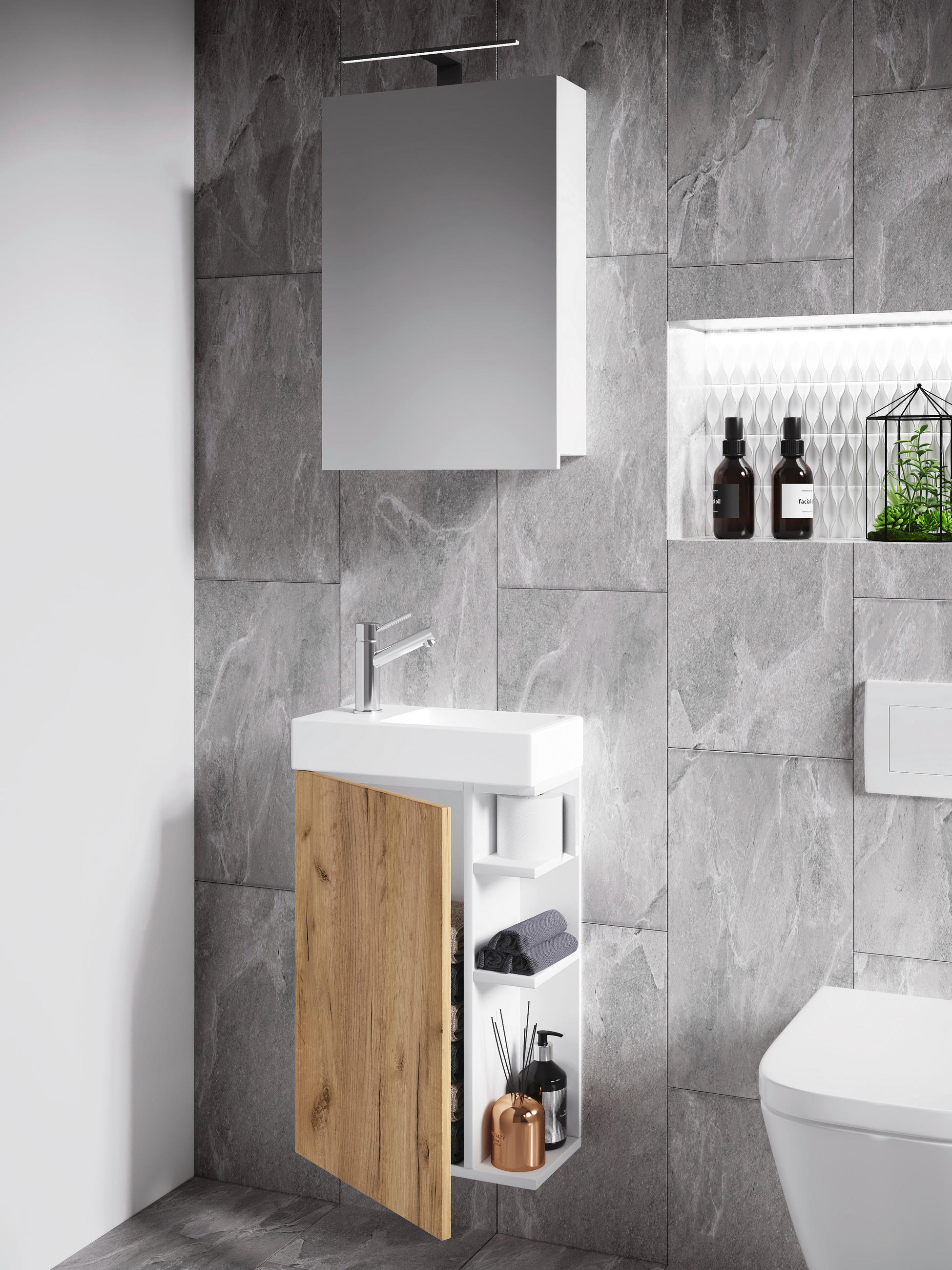 Thumbnail - Mid.you Gästebad, Weiß, Honigeiche, Glas, Holzwerkstoff, 3-teilig, 2 Fächer, 40 cm, Badezimmer, Gäste-WC