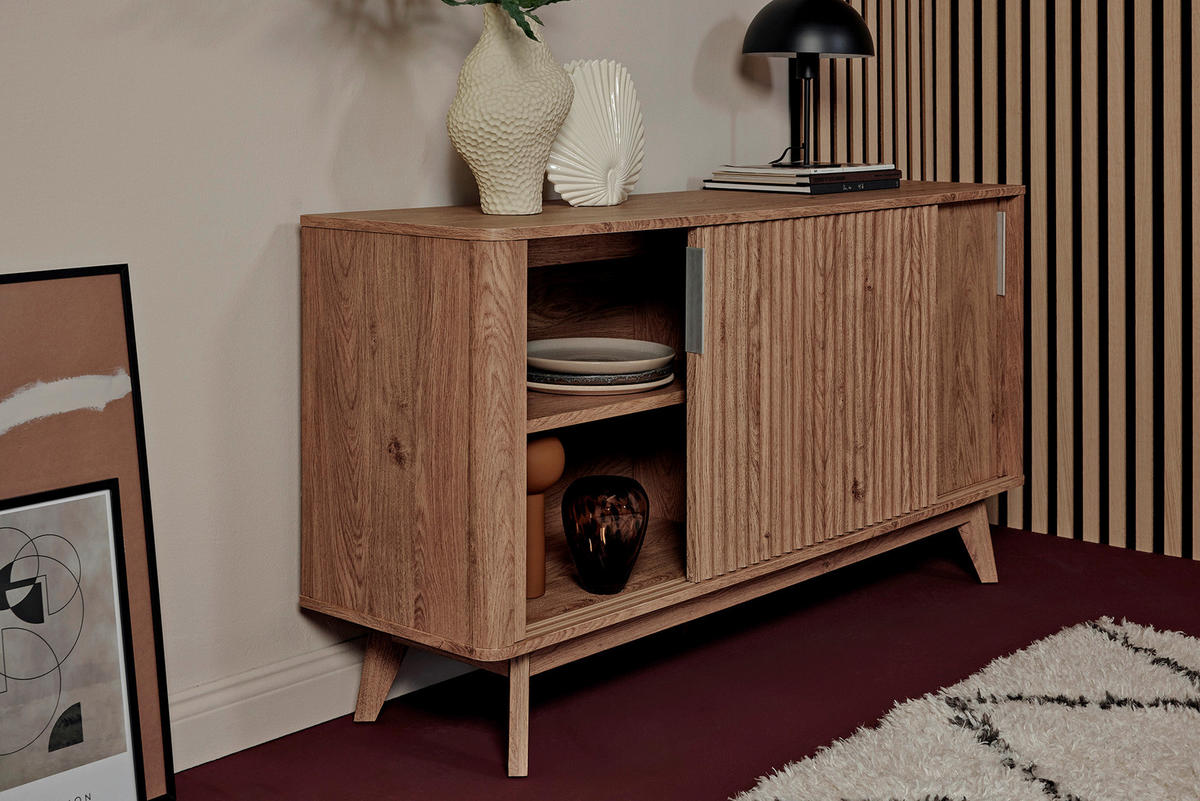 SIDEBOARD 148/76/39,8 cm  in Eichefarben  - Eichefarben/Alufarben, Modern, Holzwerkstoff/Metall (148/76/39,8cm) - MID.YOU