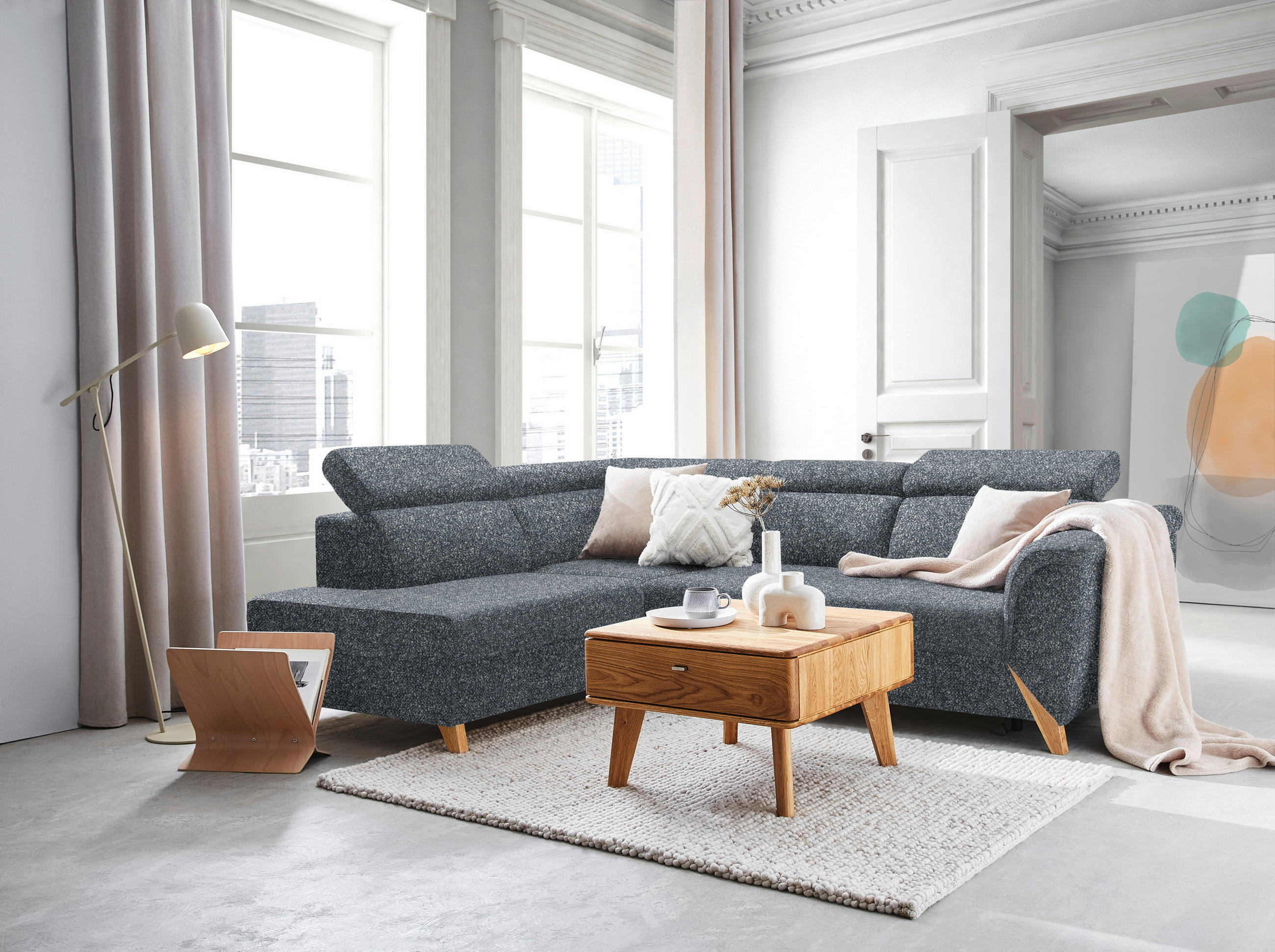 ECKSOFA in Bouclé Anthrazit  200/265 cm  - Anthrazit/Naturfarben, KONVENTIONELL, Holz/Textil (200/265cm) - Stylife