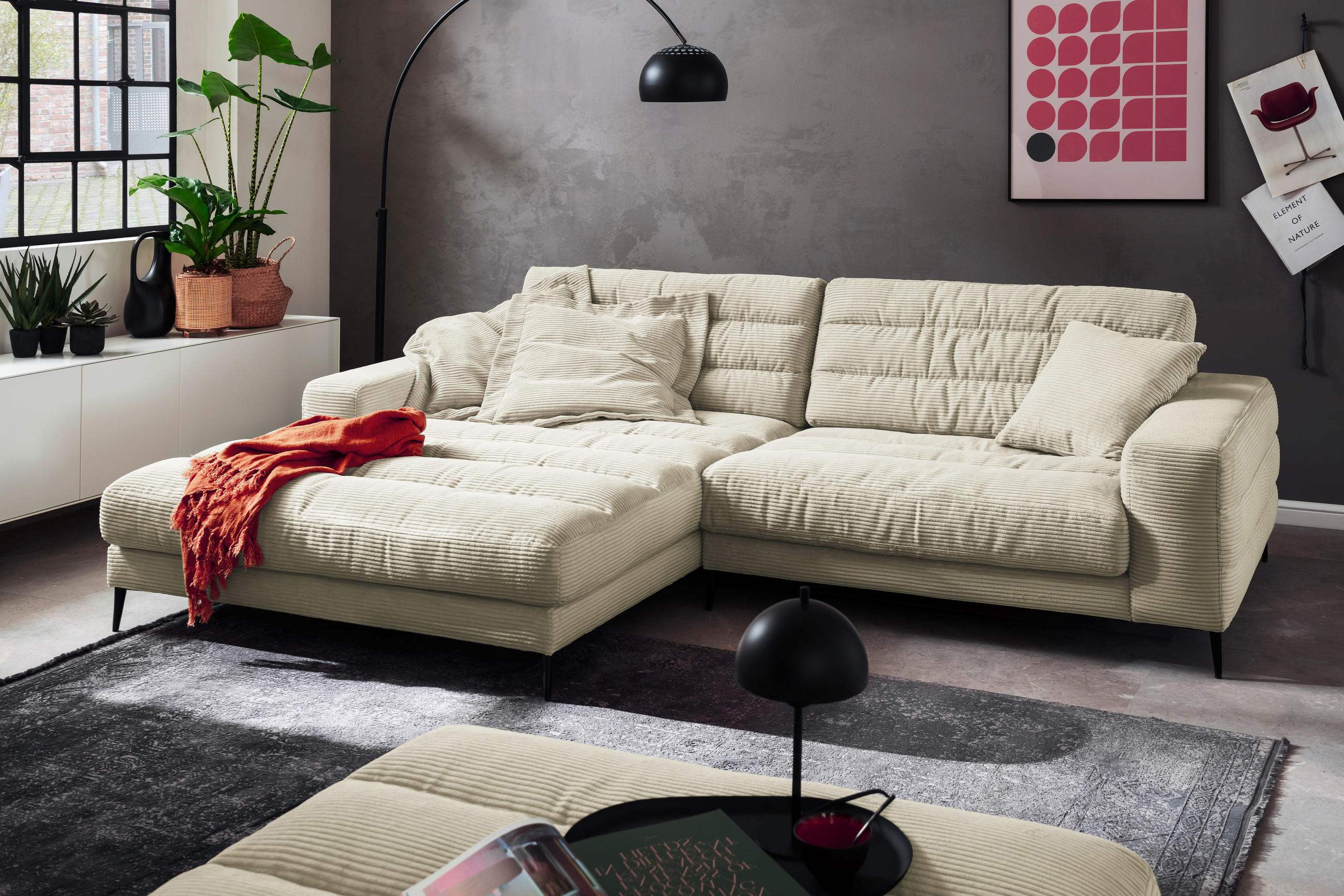 ECKSOFA Badia Naturfarben Cord  - Schwarz/Naturfarben, Design, Textil/Metall (207/296cm) - Dieter Knoll