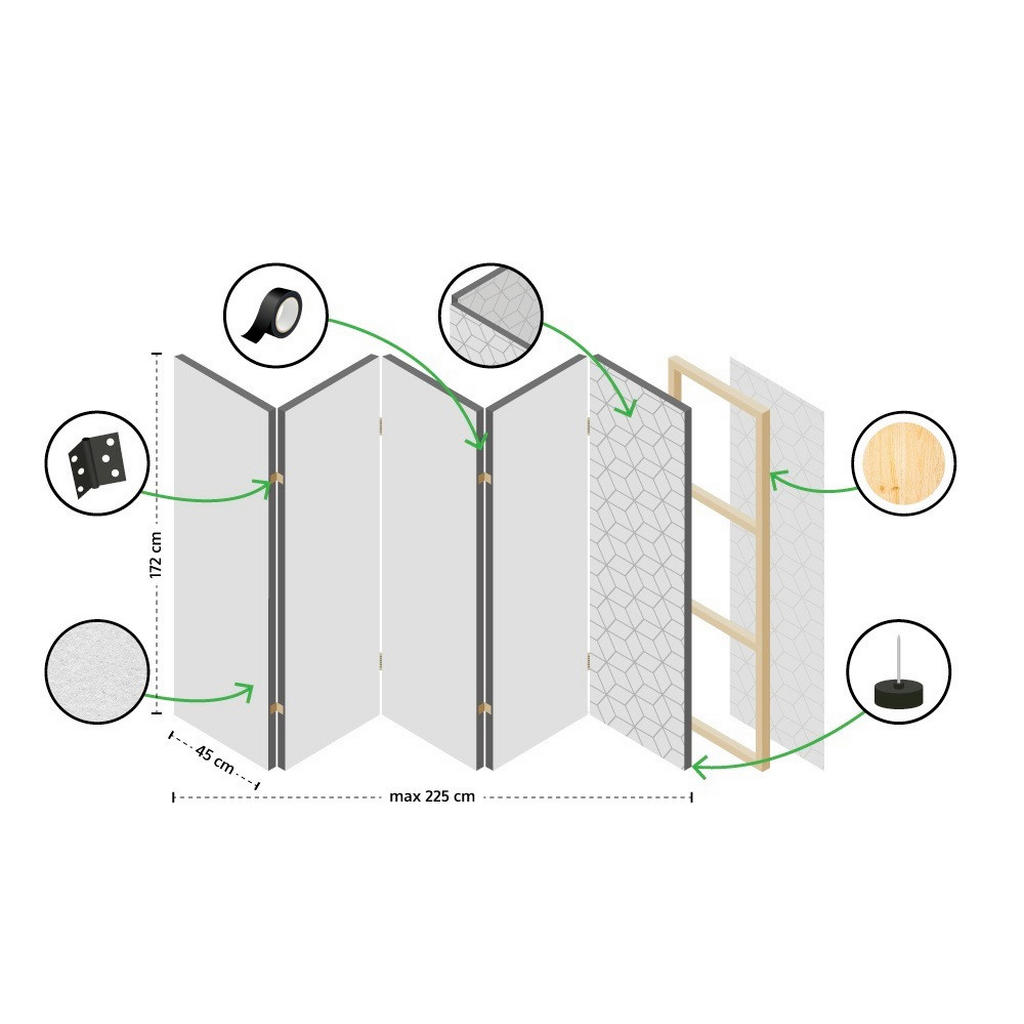 Thumbnail - artgeist Paravent, Grün, Hellgrün, Holz, Textil, Kiefer, massiv, orientalisch, 225x172x3 cm, Motiv auf Vorder- und Rücks...