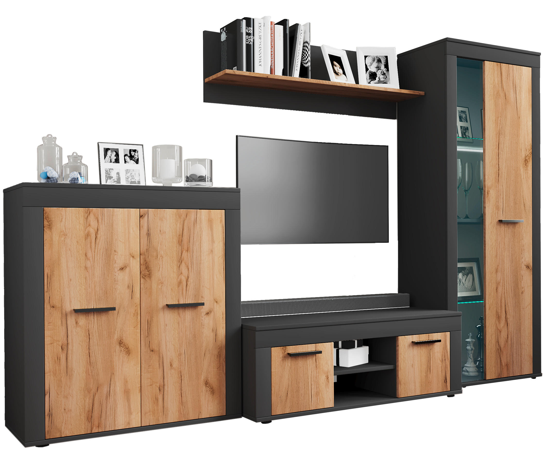 WOHNWAND  242/159/37 cm  in Anthrazit, Honigeiche  - Honigeiche/Anthrazit, Design, Glas/Holzwerkstoff (242/159/37cm) - MID.YOU