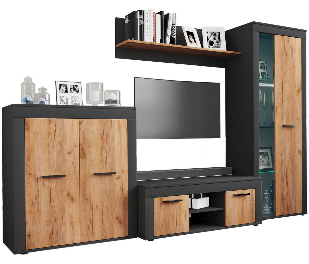 WOHNWAND Usilo 4-teilig  in Anthrazit, Honigeiche  242/159/37 cm  - Honigeiche/Anthrazit, Design, Glas/Holzwerkstoff (242/159/37cm) - MID.YOU