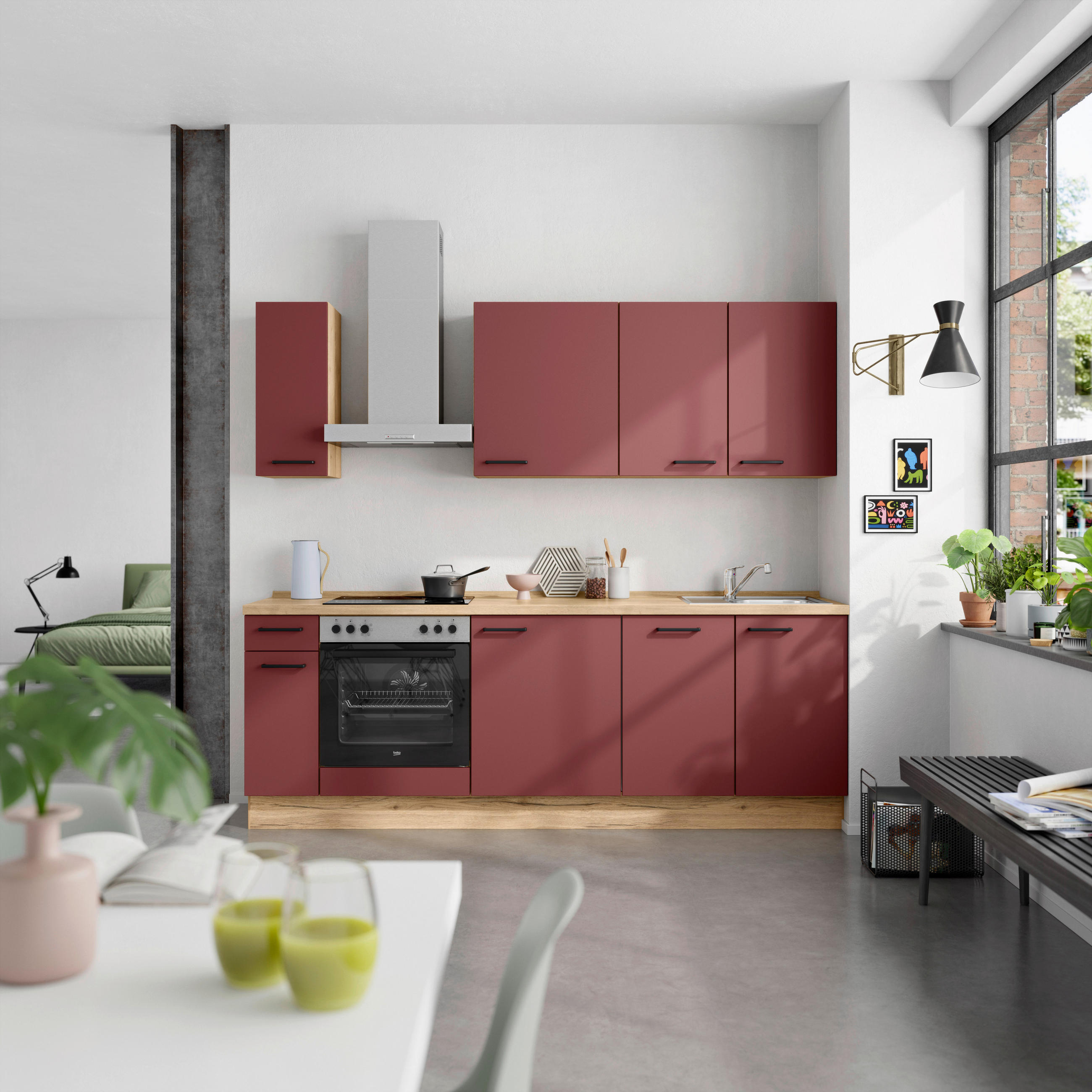 KÜCHENLEERBLOCK 240 cm   in Rot, Eichefarben  - Eichefarben/Rot, MODERN, Holzwerkstoff/Metall (240cm) - Nobilia