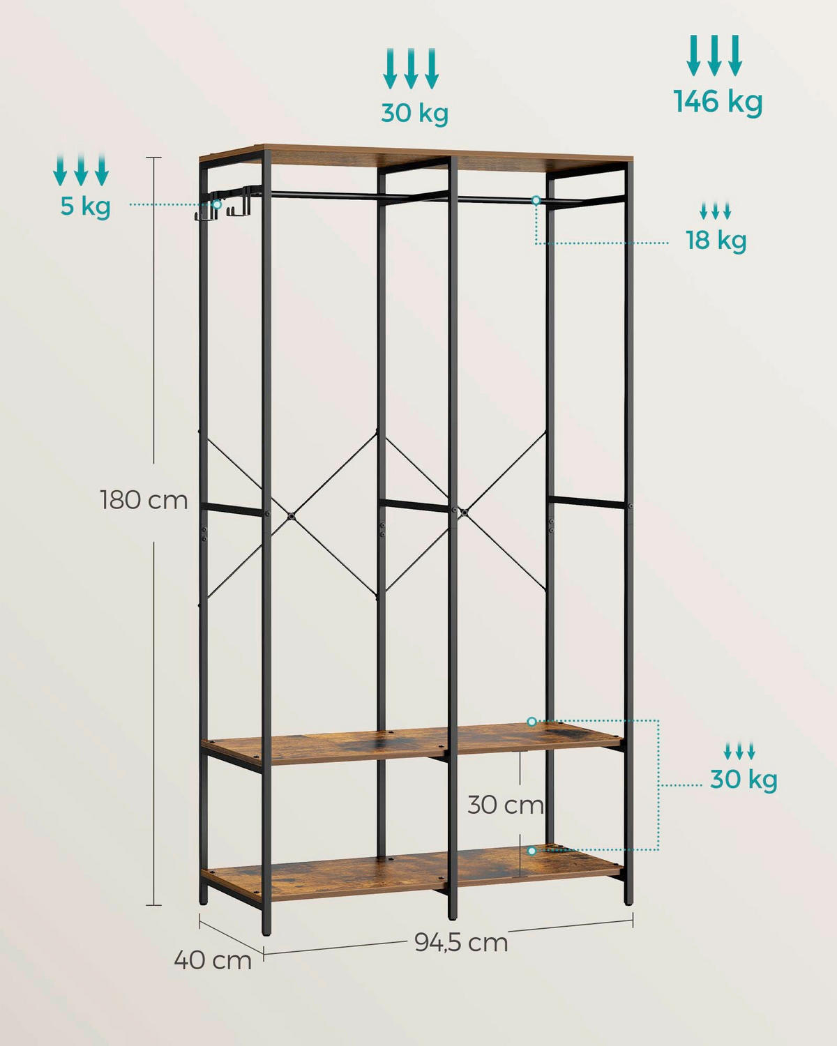 KLEIDERSCHRANK 94,5/180/40 cm,  in Schwarz,  - Schwarz, Basics, Holzwerkstoff/Metall (94,5/180/40cm)