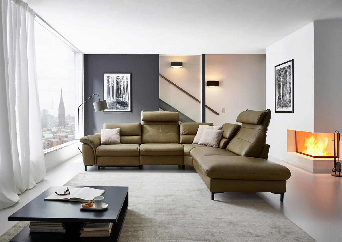 ECKSOFA Valdera Schlammfarben Echtleder  - Schlammfarben/Schwarz, Design, Leder/Metall (280/246cm) - Hukla