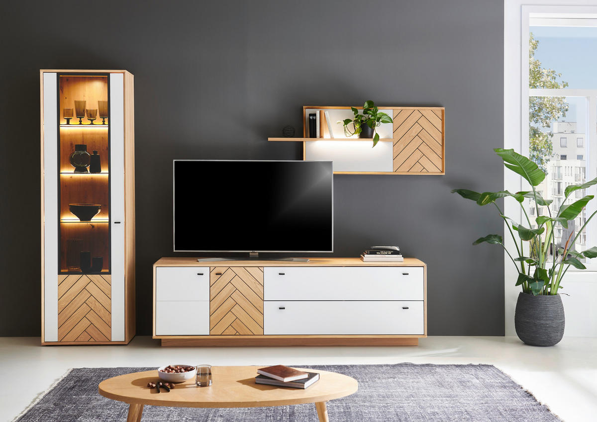 WOHNWAND  in Weiss, Eiche Bianco 297,8/206,9/51,4 cm  - Eiche Bianco/Weiss, Design, Glas/Holz (297,8/206,9/51,4cm) - Novel