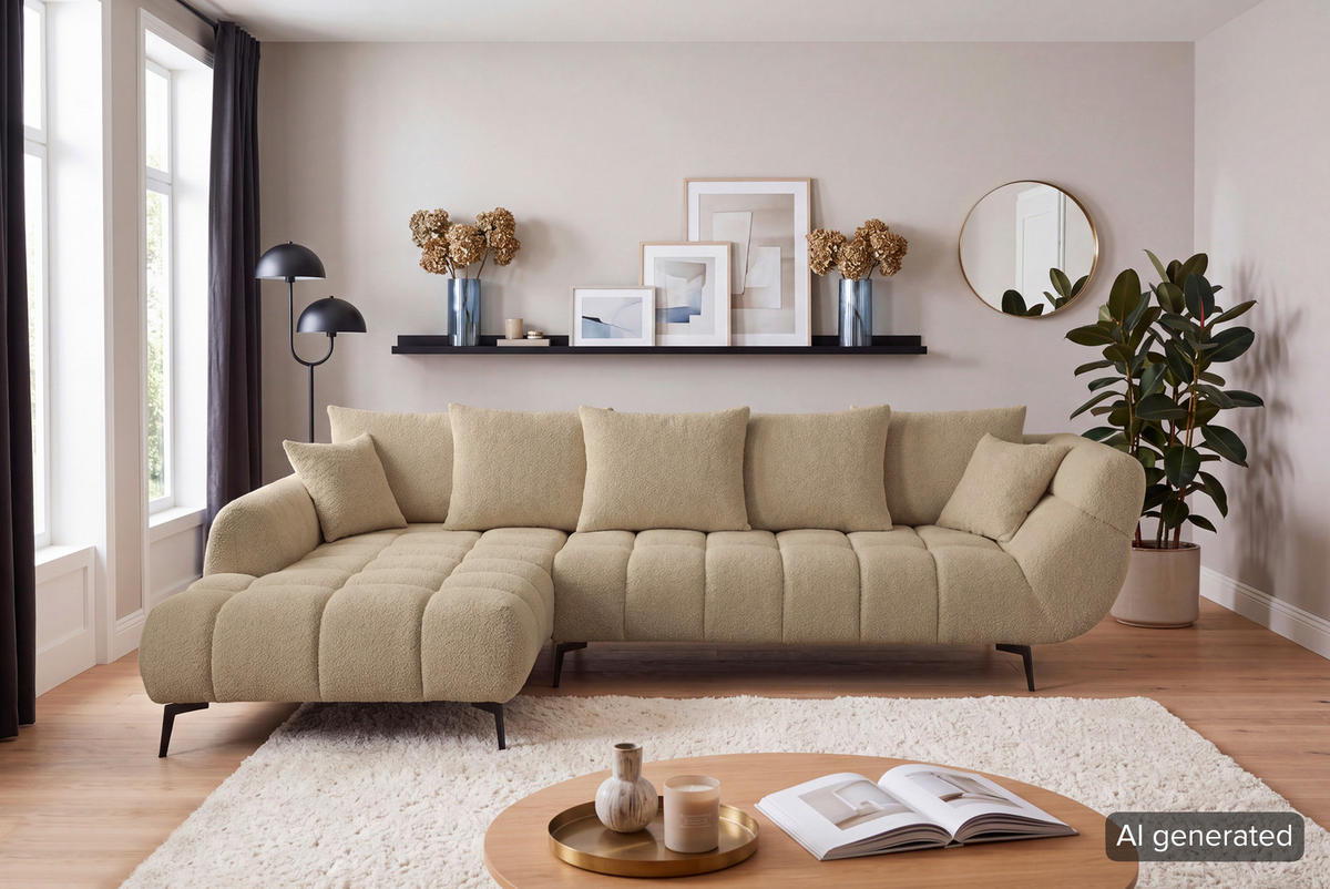 ECKSOFA Taupe Bouclé Zierkissen, Rückenkissen, Rücken echt  - Taupe/Schwarz, MODERN, Textil/Metall (217/318cm) - Carryhome