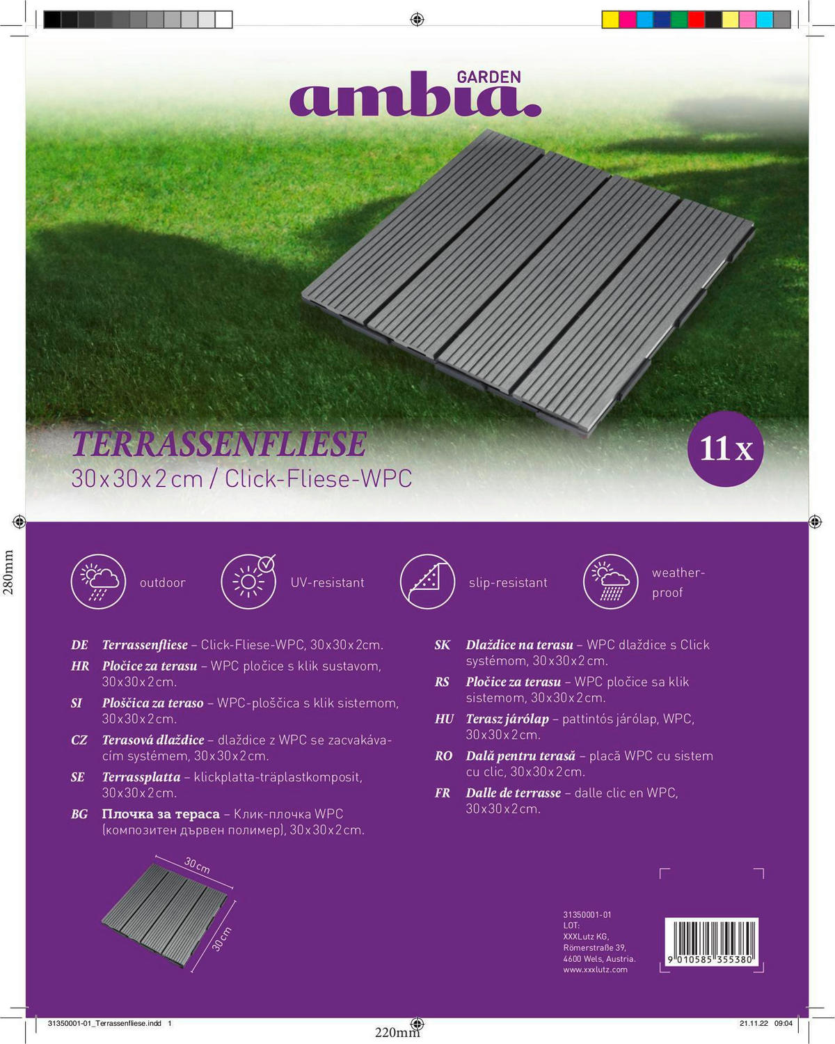 TERRASSENFLIESE Grau 11 Stück  - Grau, Basics, Kunststoff (30/30/2cm) - Ambia Garden