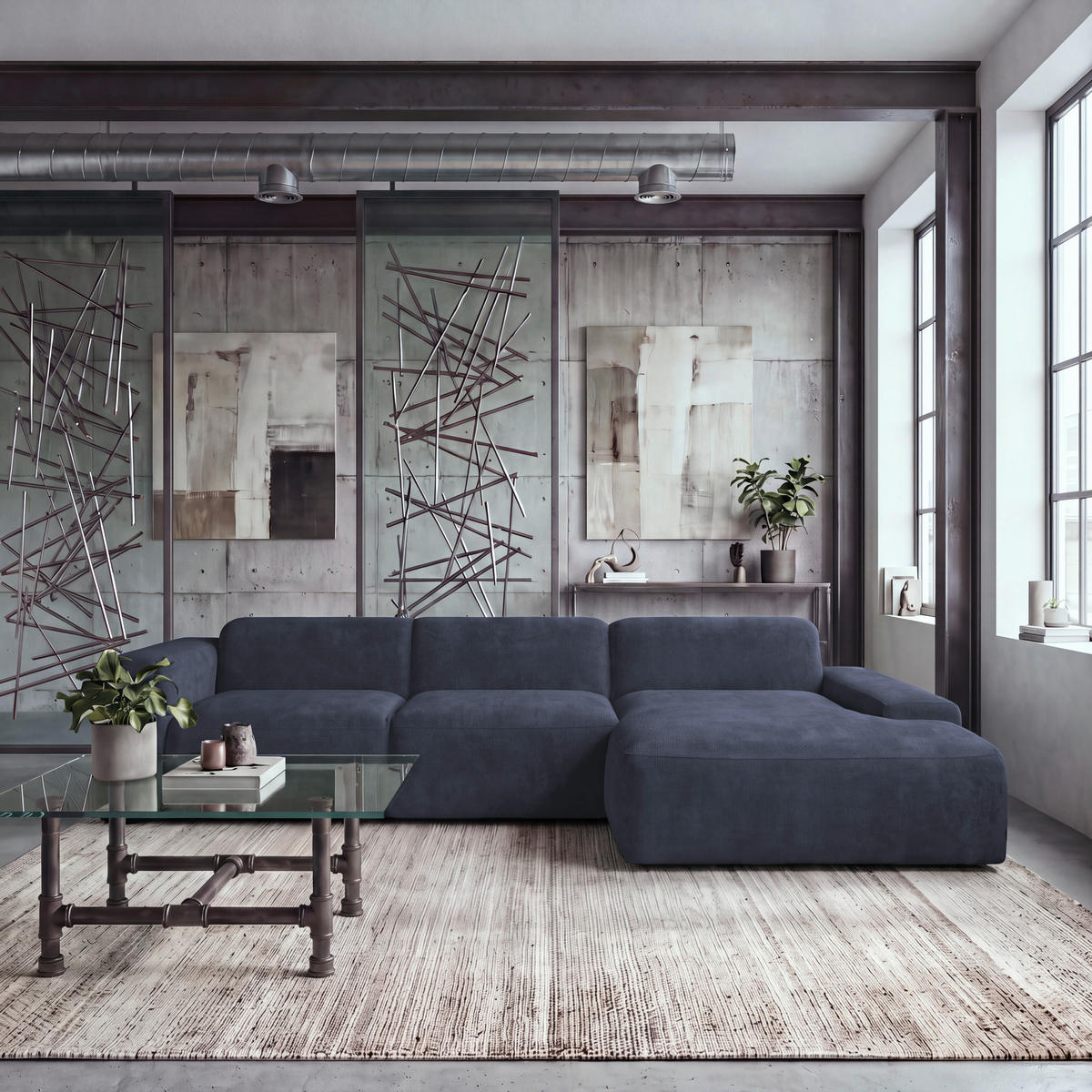 ECKSOFA HANNAH Blau Cord  - Blau/Schwarz, Design, Kunststoff/Textil (343/170cm) - MID.YOU
