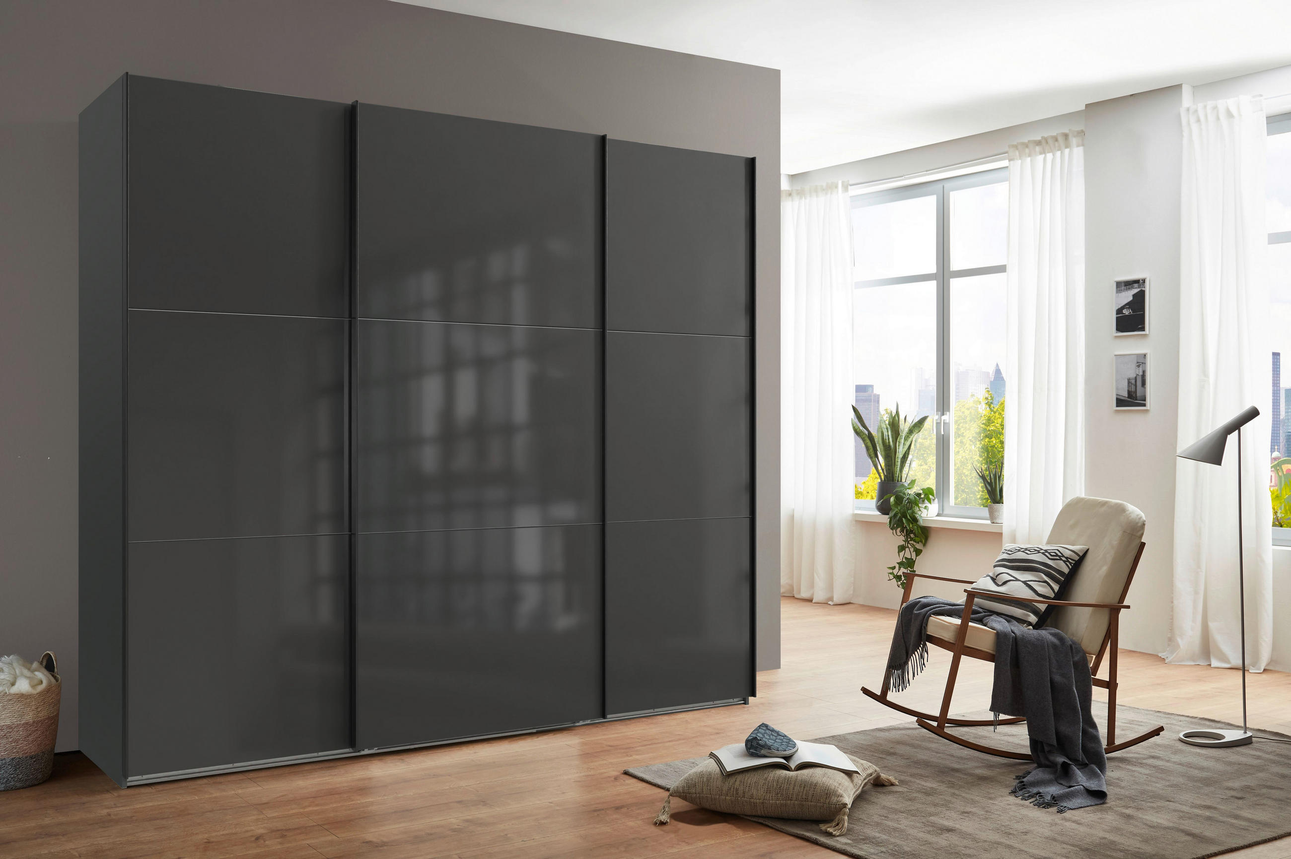 SCHWEBETÜRENSCHRANK in Graphitfarben, Grau  - Schwarz/Graphitfarben, Konventionell, Glas/Holzwerkstoff (250/216/65cm) - Stylife
