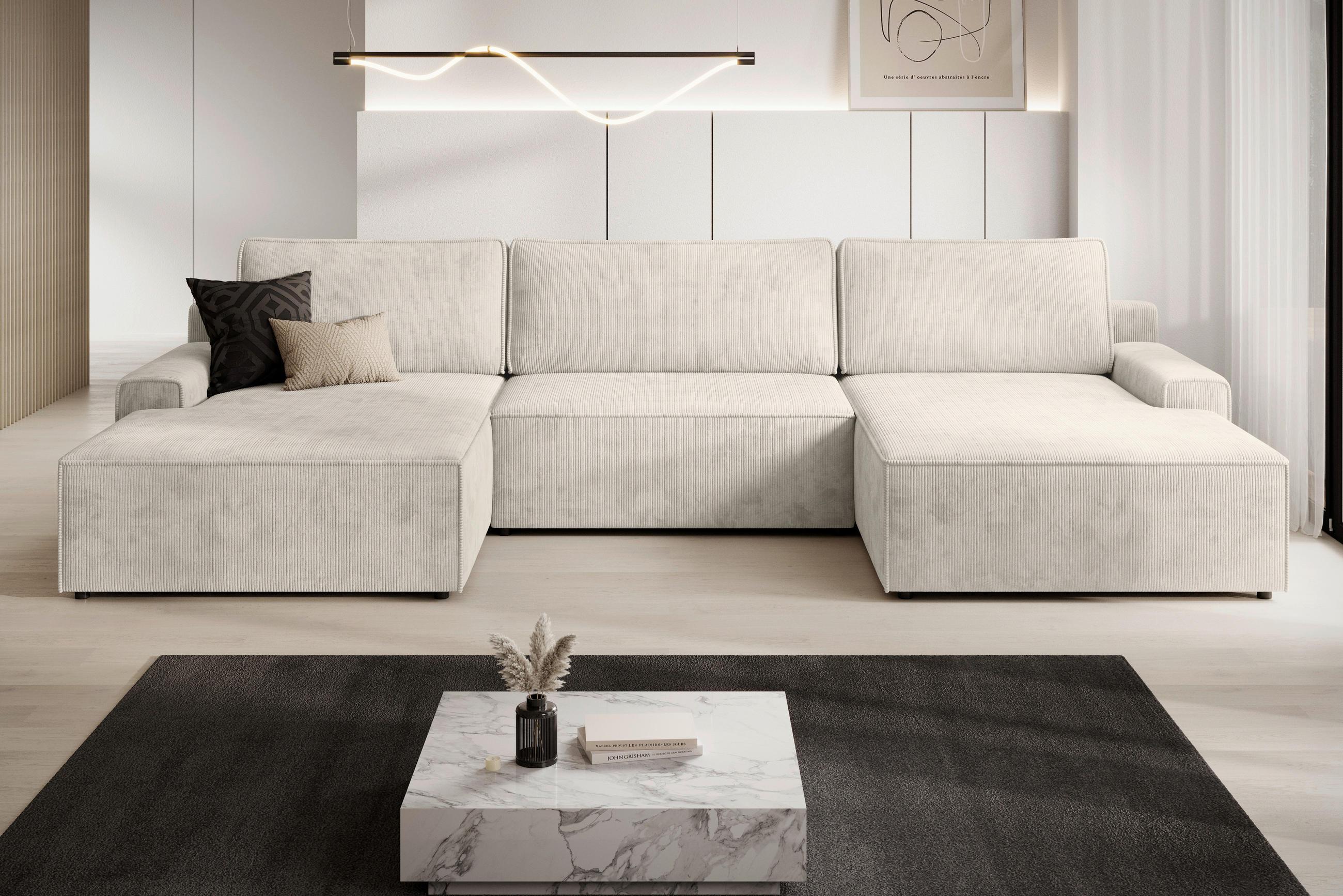 WOHNLANDSCHAFT  Cord Creme  - Creme/Schwarz, Modern, Kunststoff/Textil (168/333/168cm) - Trendmanufaktur