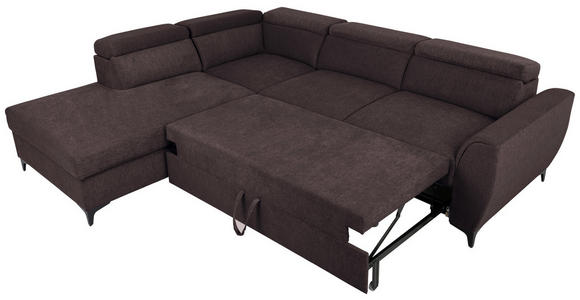 ECKSOFA Dunkelbraun Velours Bettkasten, Schlaffunktion, Rücken echt, Kopfteilverstellung, Liegefläche im Originalstoff  - Dunkelbraun/Schwarz, KONVENTIONELL, Textil/Metall (217/255cm) - Carryhome