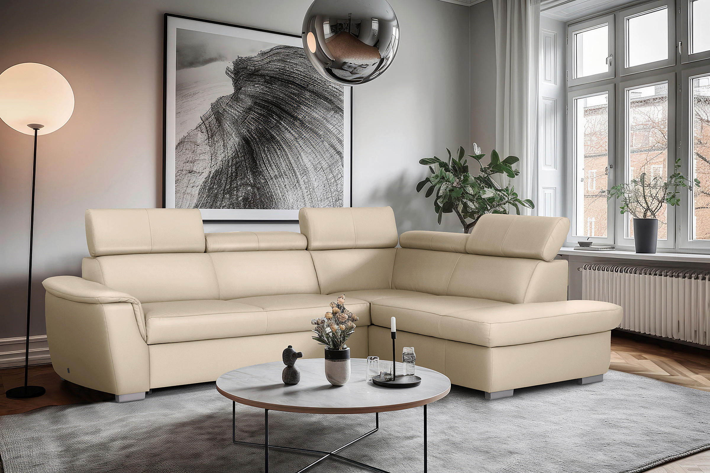 ECKSOFA  in Lederlook Echtleder Grau  - Silberfarben/Grau, Leder/Holz (262/211cm) - Celina Home