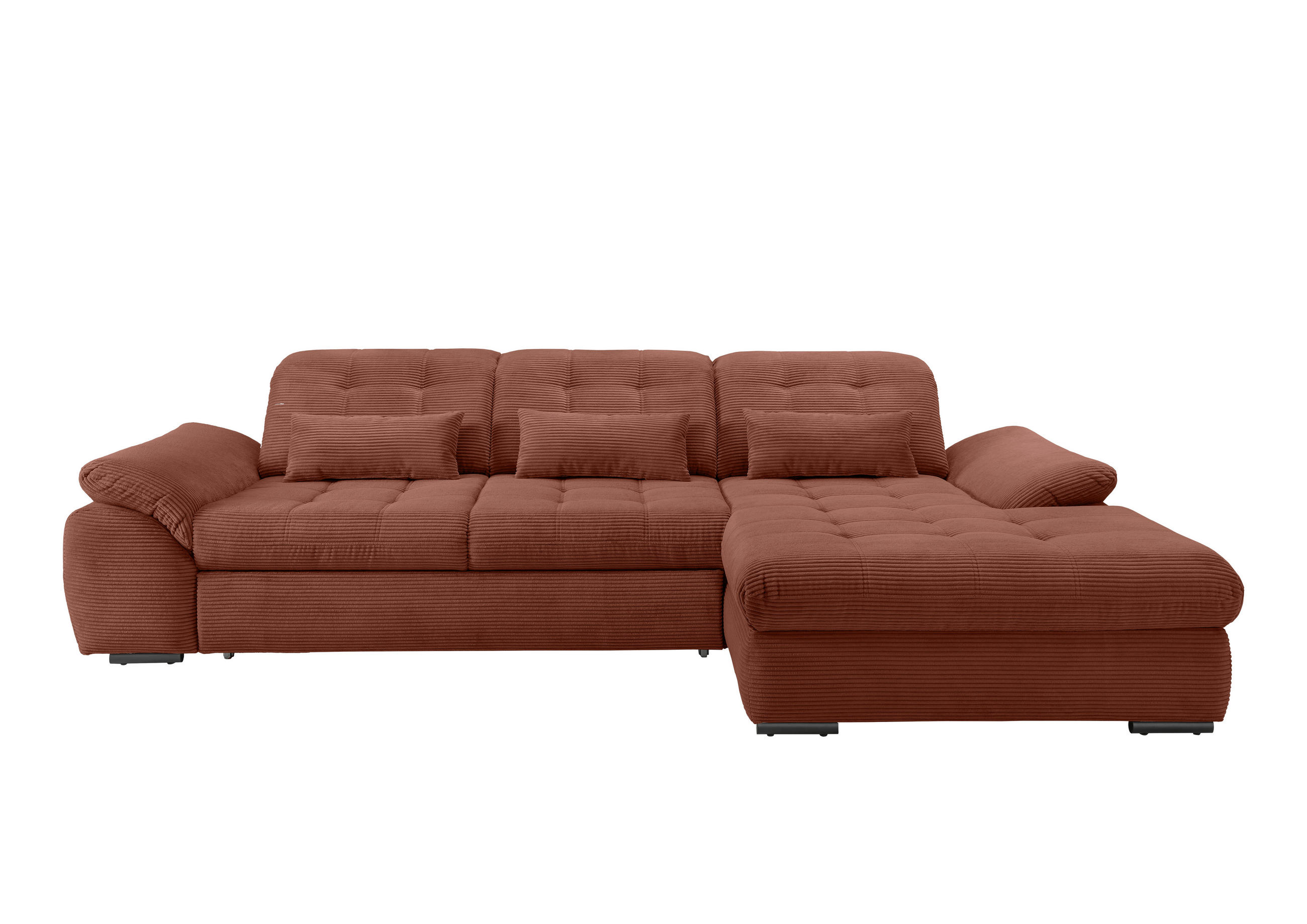 ECKSOFA Koralle Cord Nierenkissen, Bettkasten, Schlaffunktion, Kopfteilverstellung, Sitztiefenverstellung, Liegefläche im Originalstoff  - Koralle/Schwarz, MODERN, Textil/Metall (314/184cm) - P & B