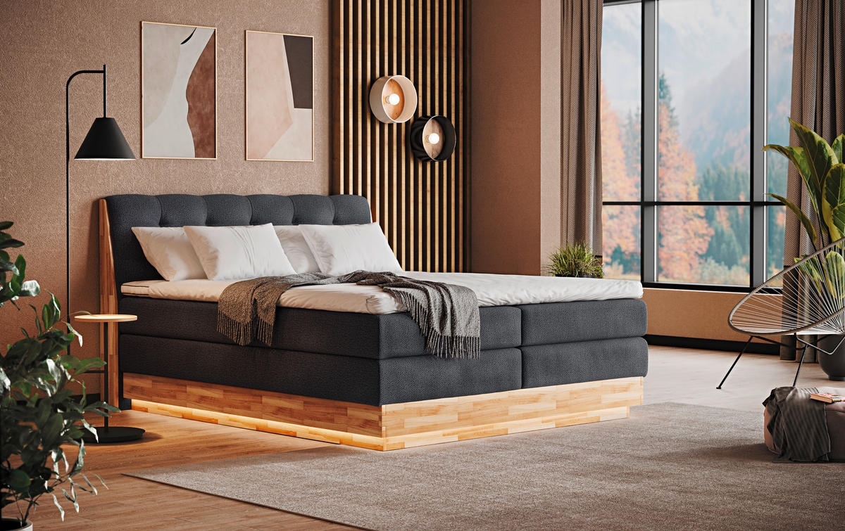 BOXSPRINGBETT 180/200 cm  in Anthrazit  - Anthrazit/Schwarz, Natur, Holz/Textil (180/200cm)