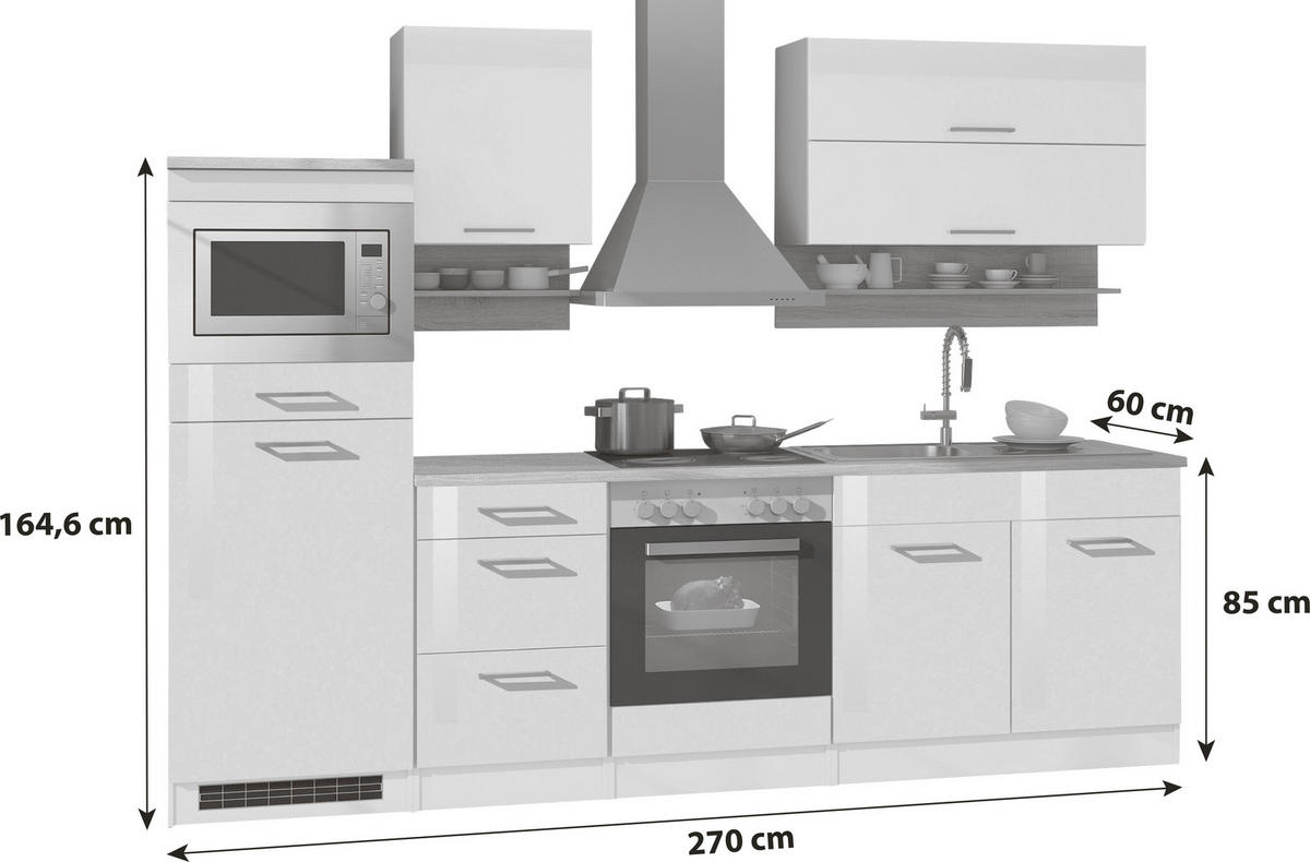 KÜCHENBLOCK 270 cm   in Weiß, Eichefarben, Weiß Hochglanz  - Chromfarben/Eichefarben, MODERN, Holzwerkstoff/Metall (270cm) - Held