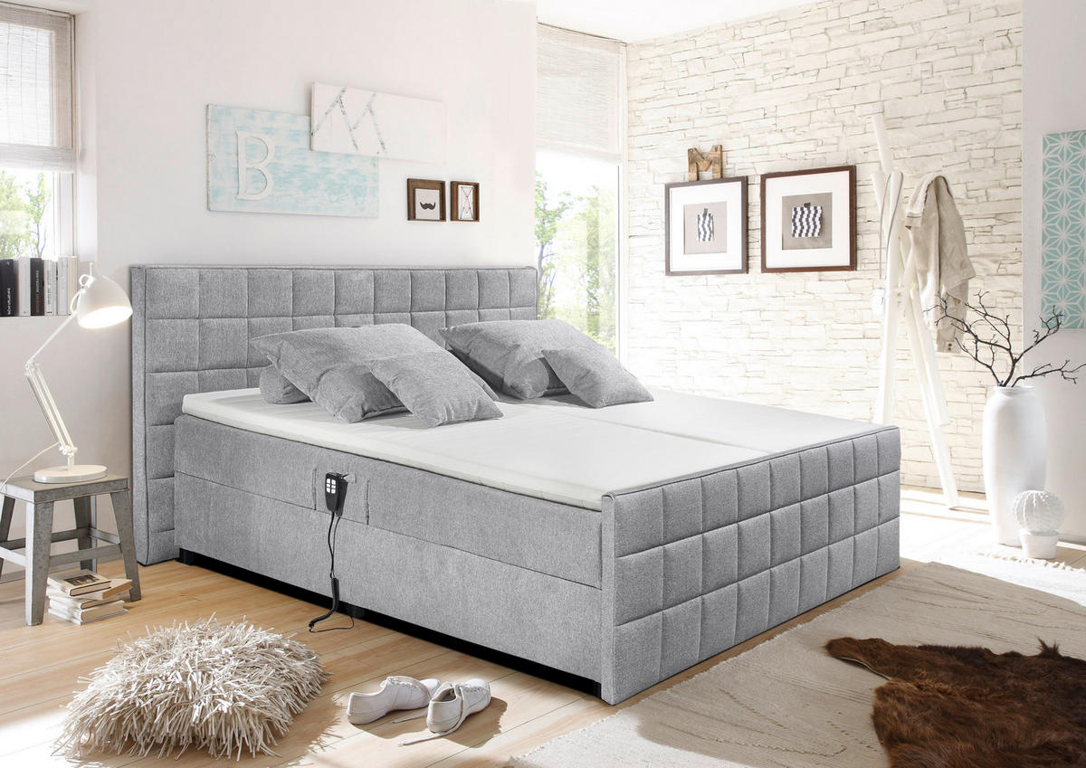 POLSTERBETT 180/200 cm, inkl. gepolstertes Kopfteil, Topper, motorische Verstellbarkeit,  in Hellgrau  - Hellgrau/Schwarz, Design, Kunststoff/Textil (180/200cm) - Esposa