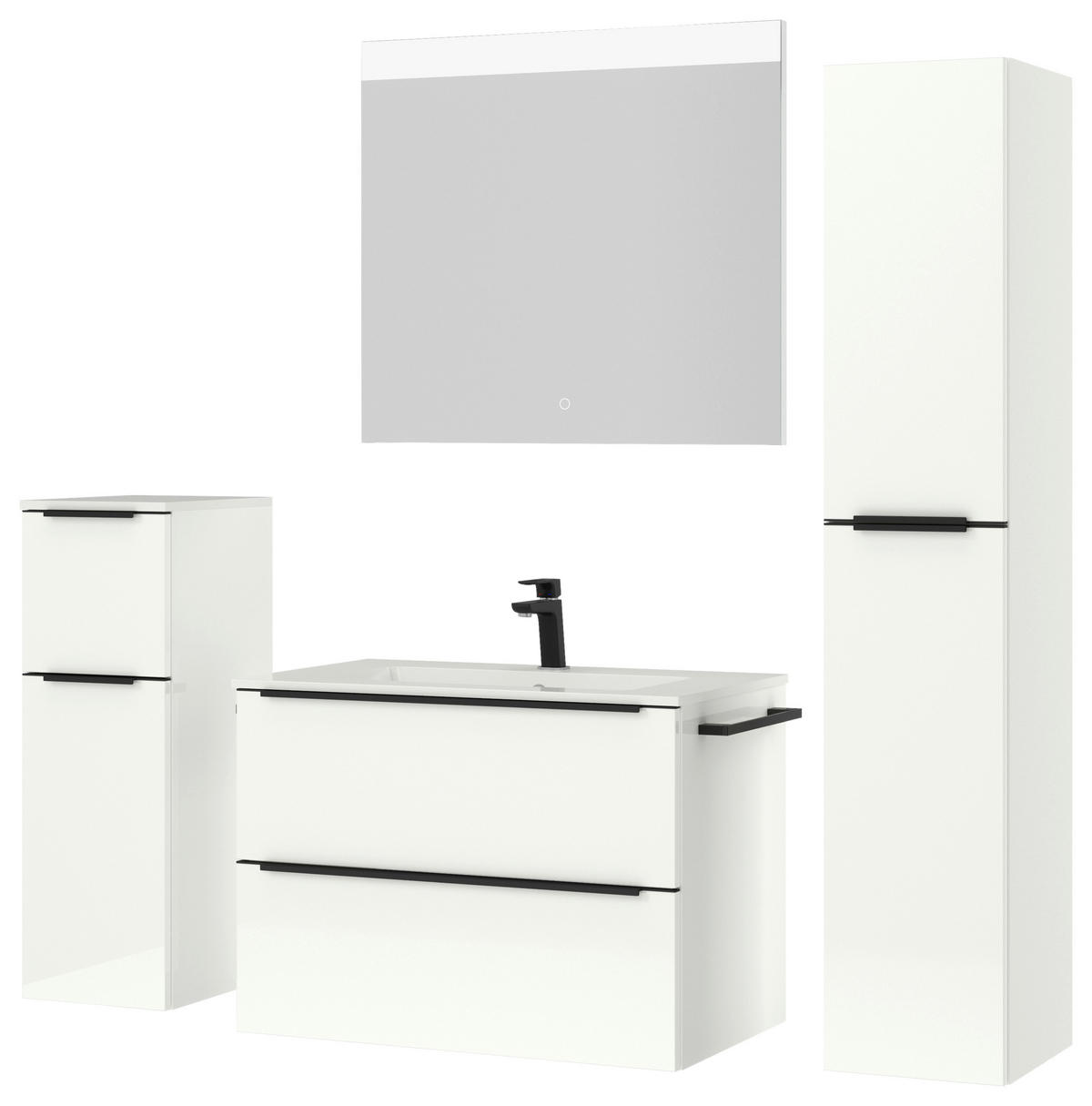 BADEZIMMER 5-teilig  in 141 cm  - Weiß Hochglanz/Schwarz, MODERN, Holzwerkstoff/Stein (141cm) - Nobilia