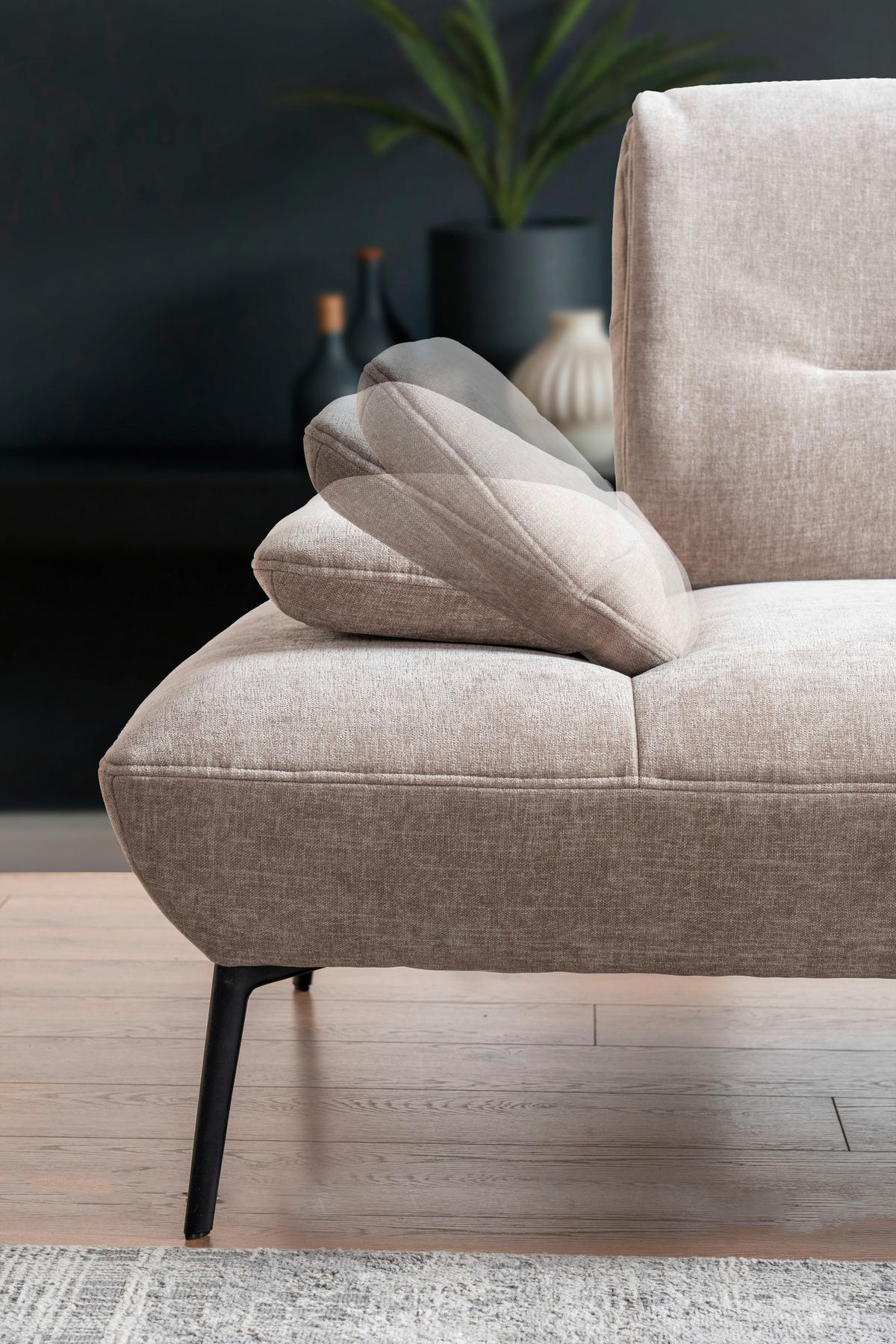 ECKSOFA Taupe Chenille Rücken echt, Sitztiefenverstellung  - Taupe/Schwarz, Design, Textil/Metall (190/320cm) - Moderano