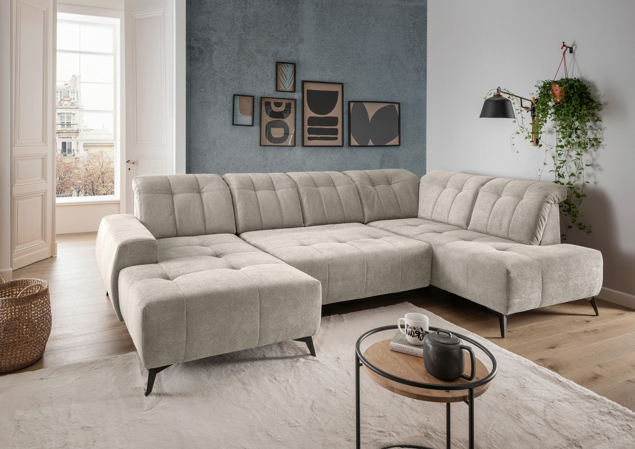 WOHNLANDSCHAFT Chenille Beige  - Beige/Schwarz, Modern, Textil/Metall (200/337/180cm) - Livetastic