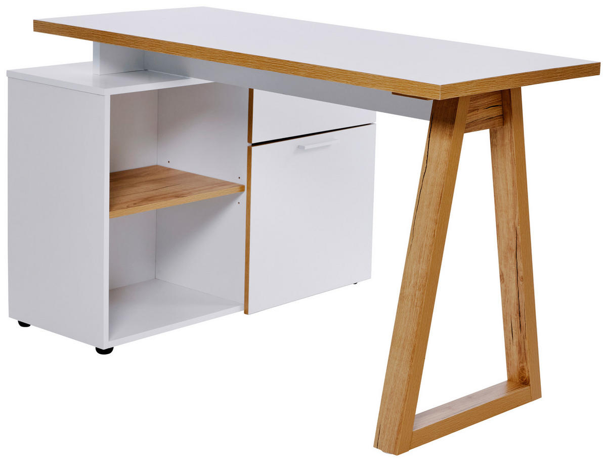 BUREAU D'ANGLE 120-130/55-95/76,2 cm  in Weiss, Eichefarben  - Weiss/Eichefarben, Modern, Holzwerkstoff/Metall (120-130/55-95/76,2cm) - Novel