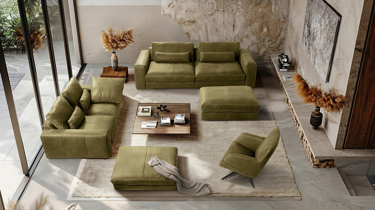 3-SITZER-SOFA  in Echtleder Olivgrün   - Beige/Schwarz, Design, Leder/Kunststoff (300/85/123cm) - Livetastic
