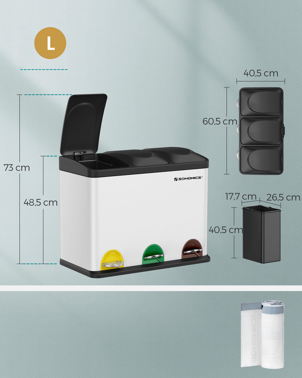 ABFALLSAMMLER 45 l  Metall, Kunststoff  - Weiß, Basics, Kunststoff/Metall (60,5/48,5/40,5cm)