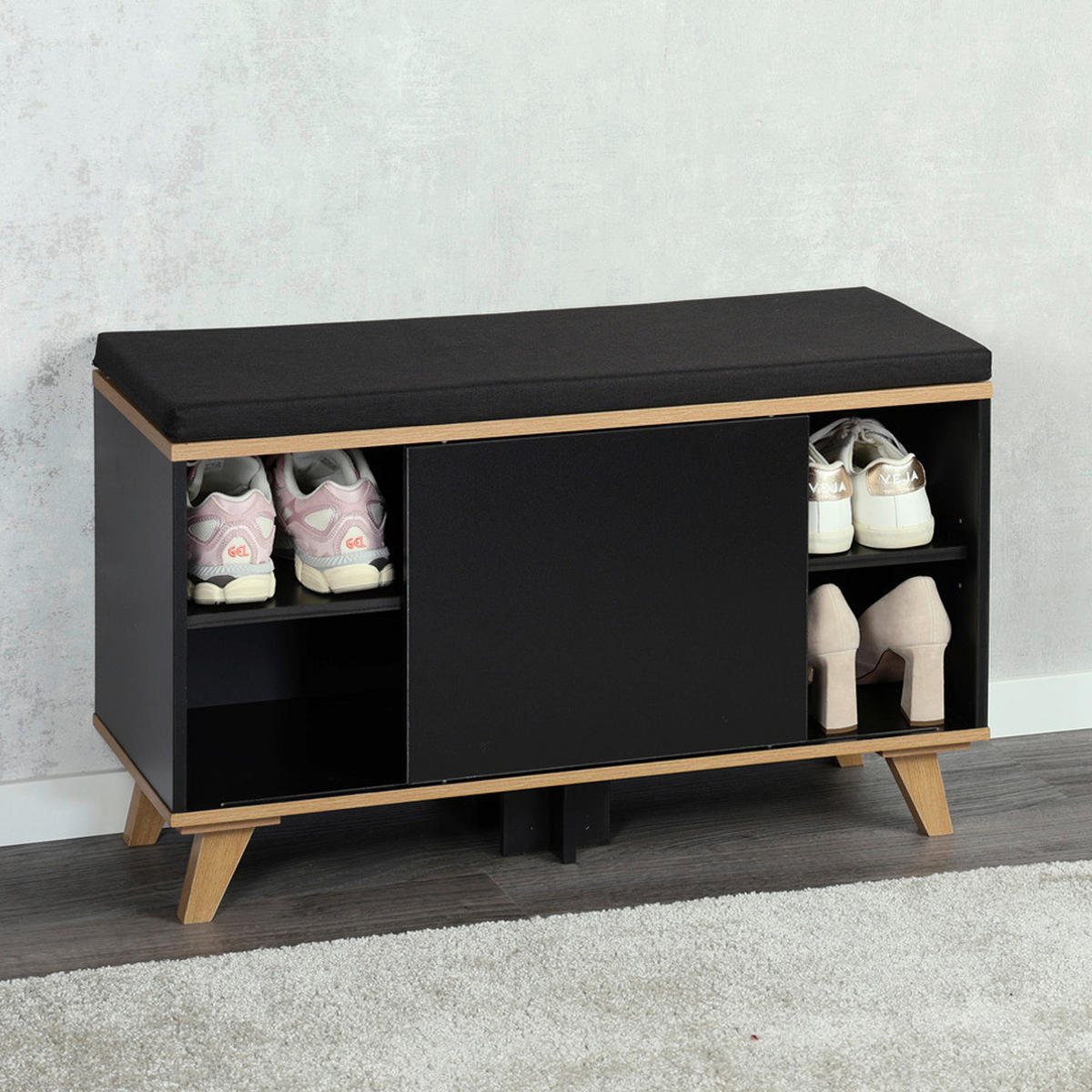 SCHUHREGAL Schwarz, Eichefarben  - Eichefarben/Schwarz, Design, Holzwerkstoff/Textil (77/48/30cm) - Kesper