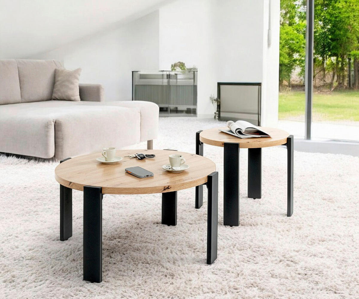 BEISTELLTISCH 50/50/46 cm Eichefarben rund  - Eichefarben/Schwarz, Trend, Holzwerkstoff/Metall (50/50/46cm)