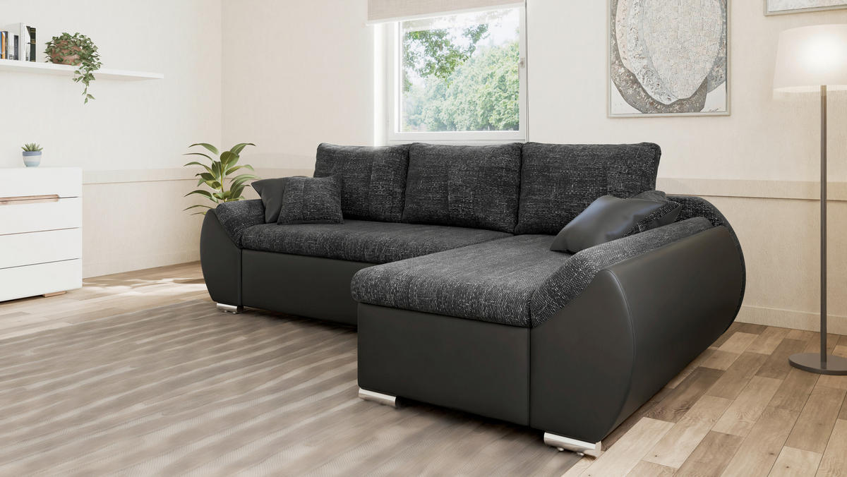 ECKSOFA  AURO Schwarz  - Silberfarben/Schwarz, Design, Kunststoff/Textil (275/155cm) - MID.YOU