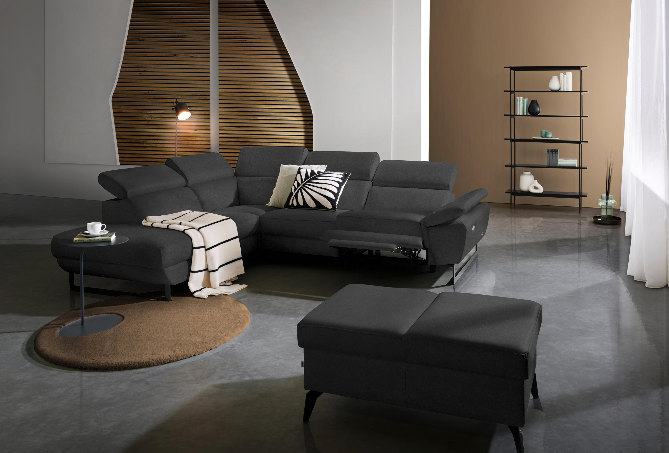 ECKSOFA in Echtleder Anthrazit  - Anthrazit/Schwarz, Design, Leder/Metall (225/281cm) - Celina Home
