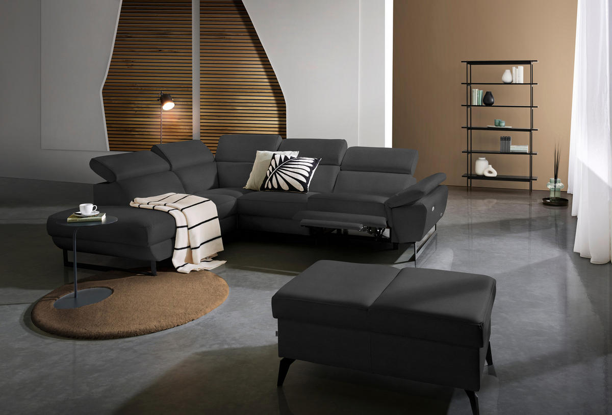 ECKSOFA in Echtleder Anthrazit  - Anthrazit/Schwarz, Design, Leder/Metall (225/281cm) - Celina Home