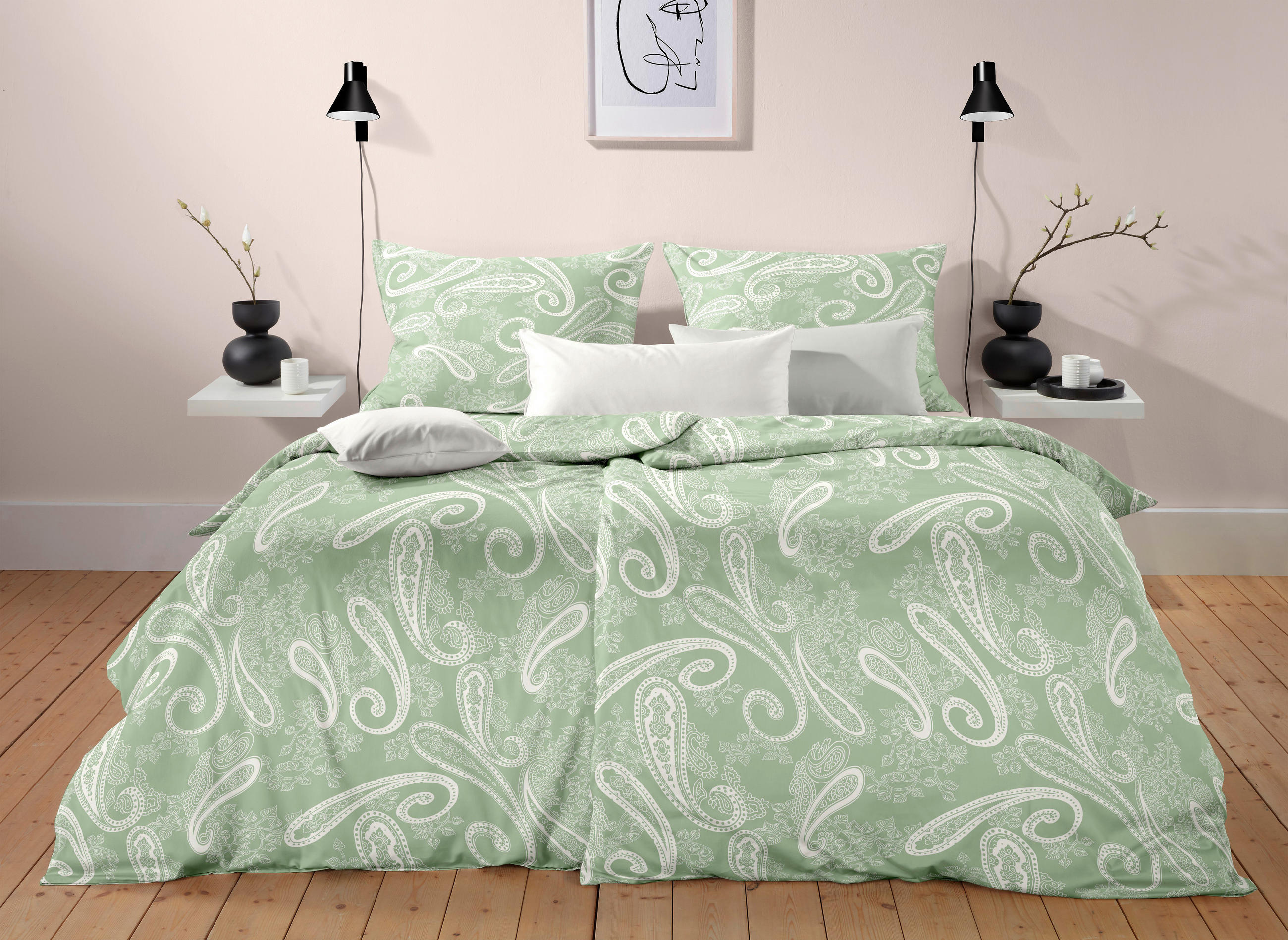 POVLEČENÍ, makosatén, bílá, světle zelená, 140/200 cm  - bílá/světle zelená, Basics, textil (140/200cm) - Fleuresse