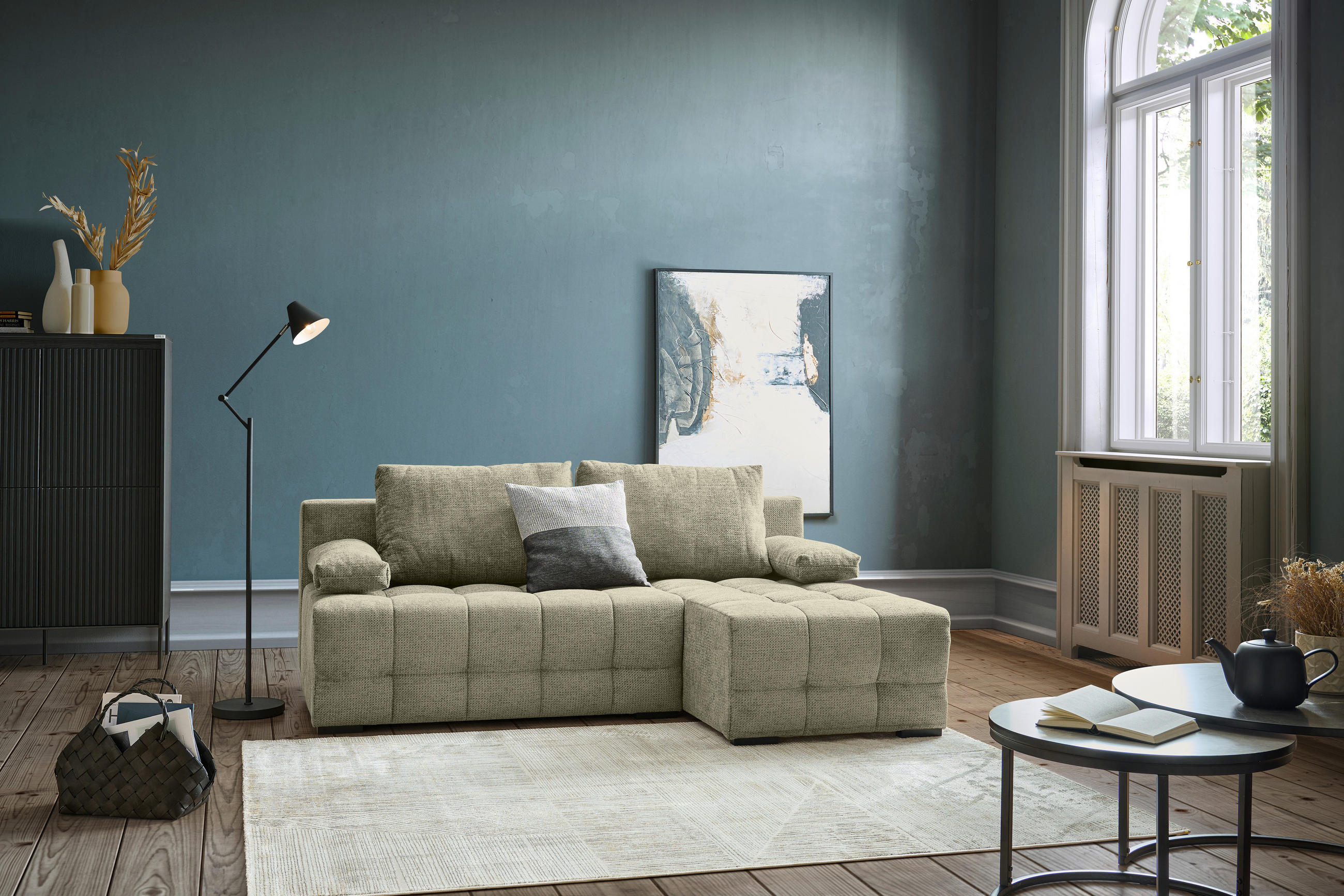 ECKSOFA Beige Chenille  - Beige/Schwarz, MODERN, Kunststoff/Textil (204/145cm) - home24