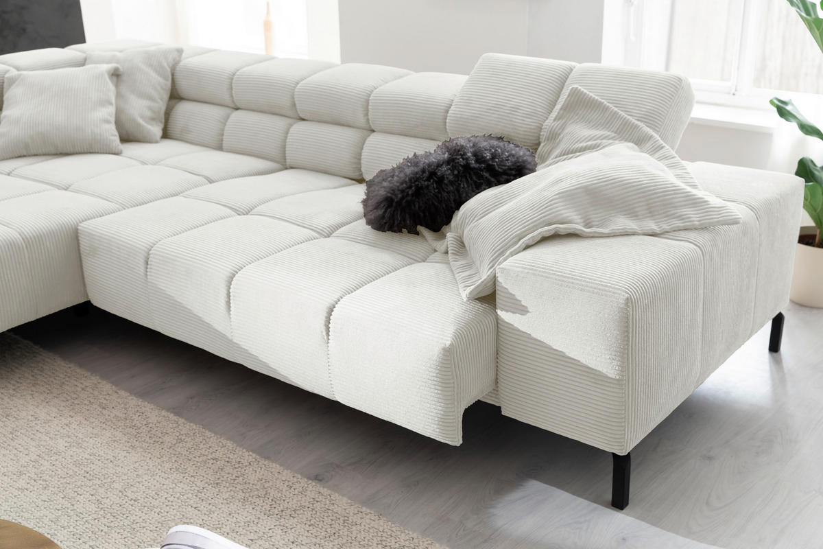 ECKSOFA inkl. Sitzvorzug Weiß Cord  - Schwarz/Weiß, Design, Textil/Metall (216/321cm) - Hom`in